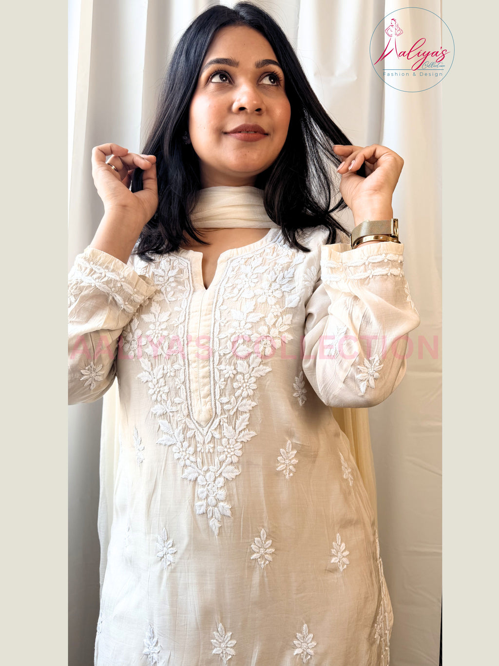 Ivory Lucknowi Chikankari Kurta Pant Set with Chiffon Dupatta | White Thread Embroidery | Summer Wear