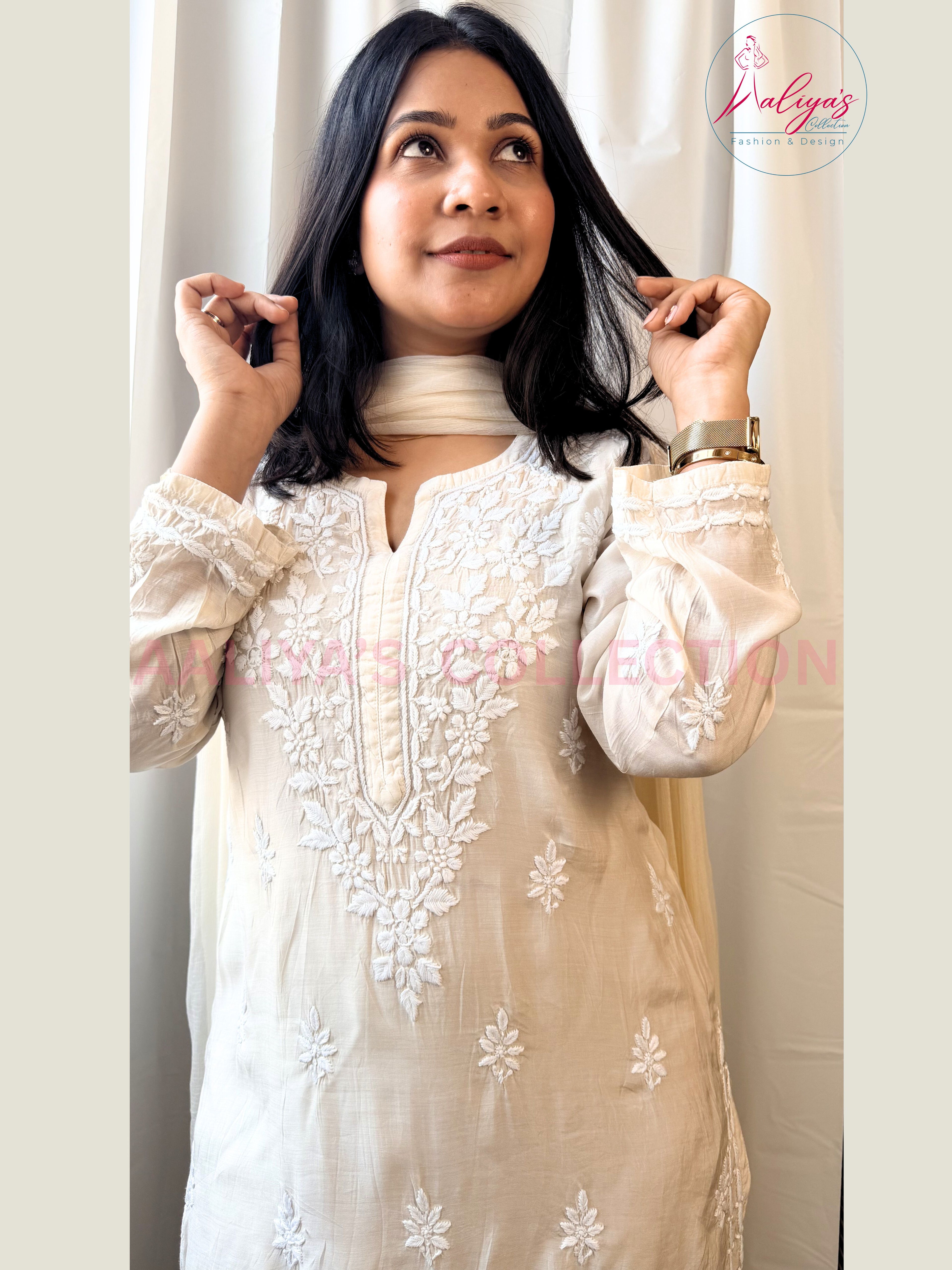 Ivory Lucknowi Chikankari Kurta Pant Set with Chiffon Dupatta | White Thread Embroidery | Summer Wear