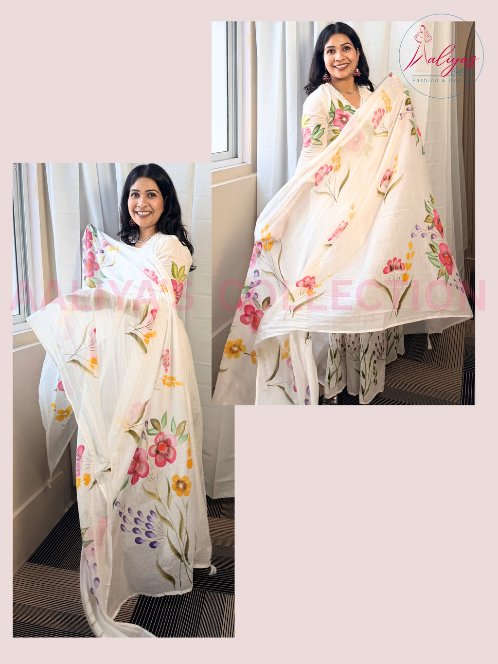 Hand-Painted Mulmul Cotton Anarkali Set with Dupatta & Trouser | Cut Dana Work | Floral Multicolor Design