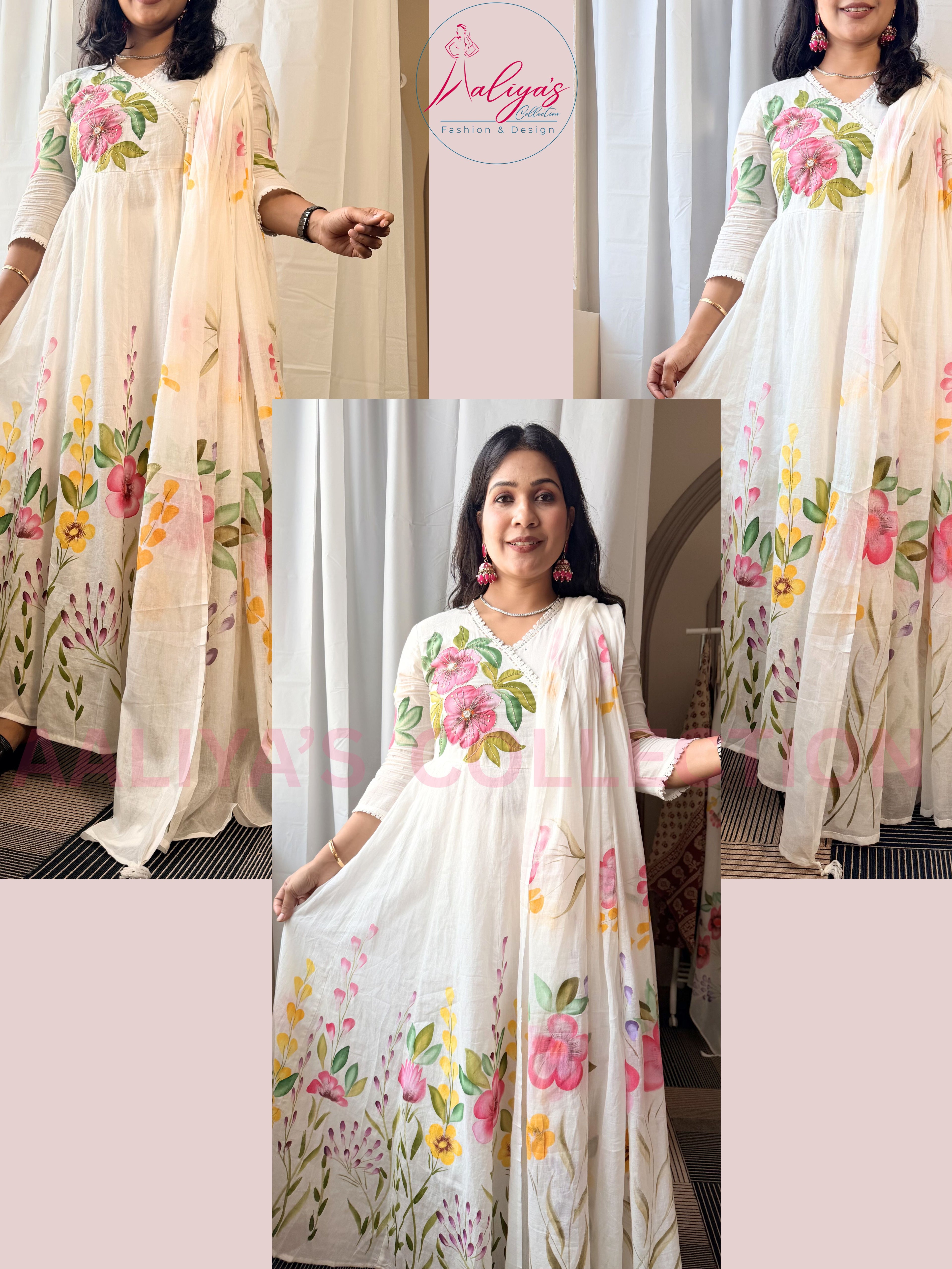 Hand-Painted Mulmul Cotton Anarkali Set with Dupatta & Trouser | Cut Dana Work | Floral Multicolor Design