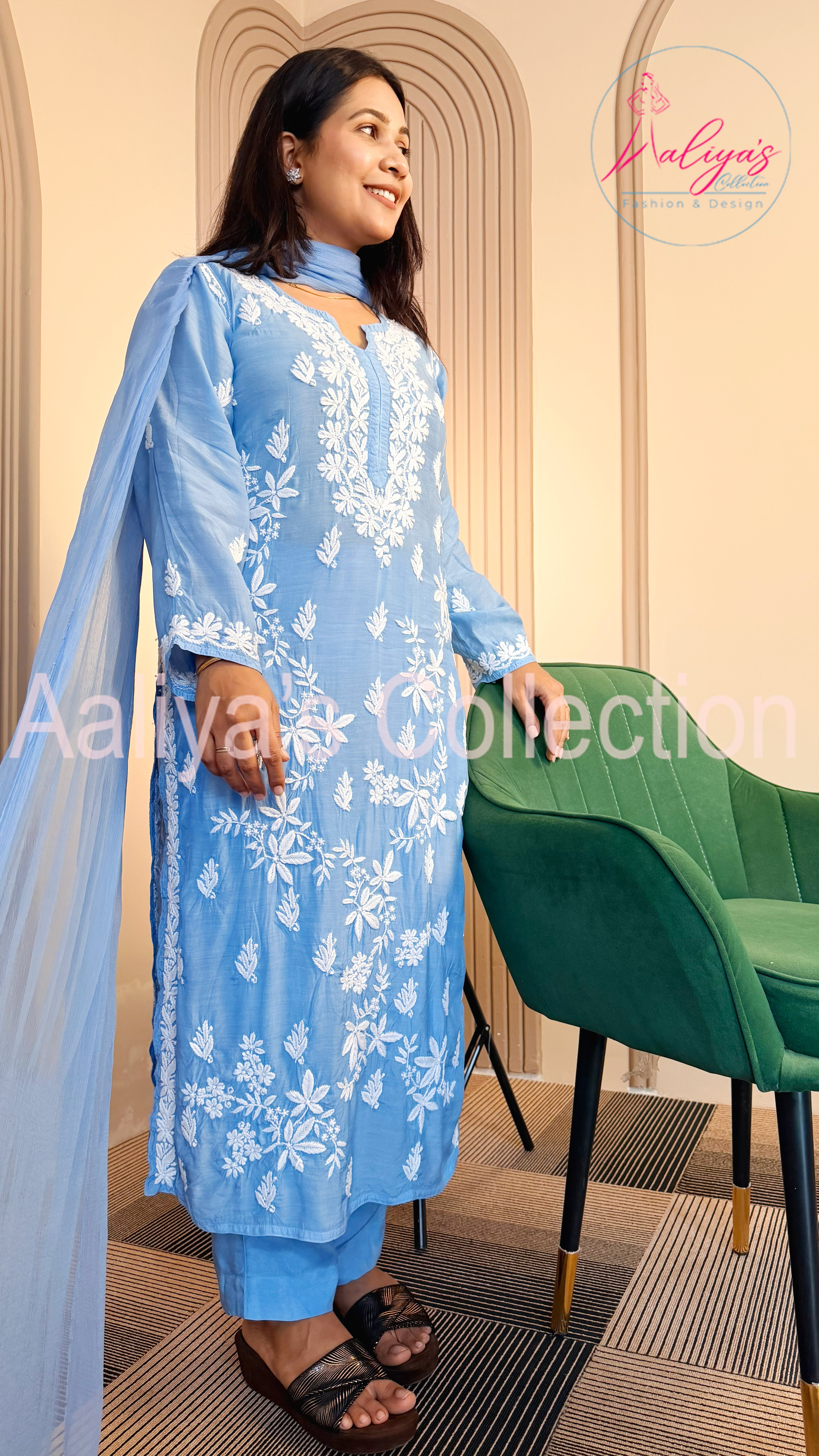 Muslin Silk Lucknowi Chikankari Kurta Pant Set with Chiffon Dupatta | Denim Blue | White Thread Embroidery