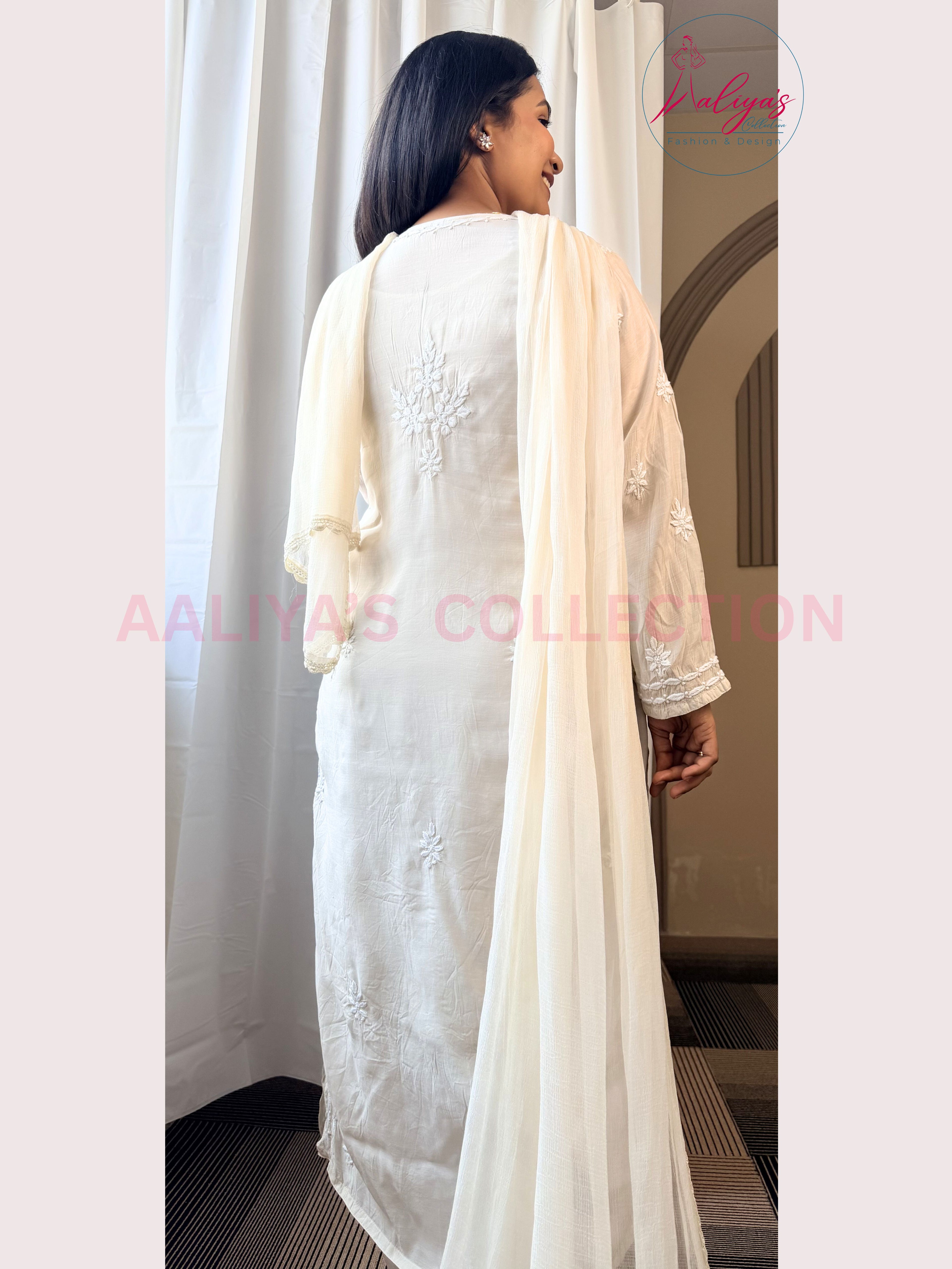 Ivory Lucknowi Chikankari Kurta Pant Set with Chiffon Dupatta | White Thread Embroidery | Summer Wear