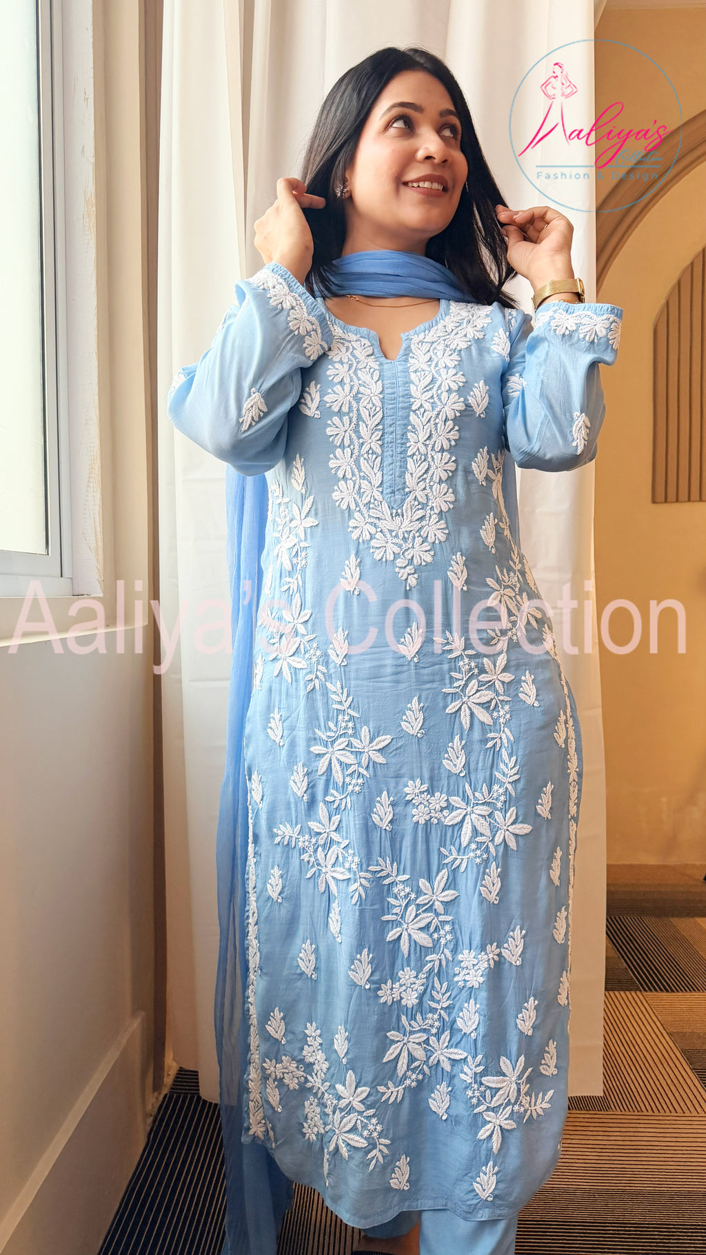 Muslin Silk Lucknowi Chikankari Kurta Pant Set with Chiffon Dupatta | Denim Blue | White Thread Embroidery