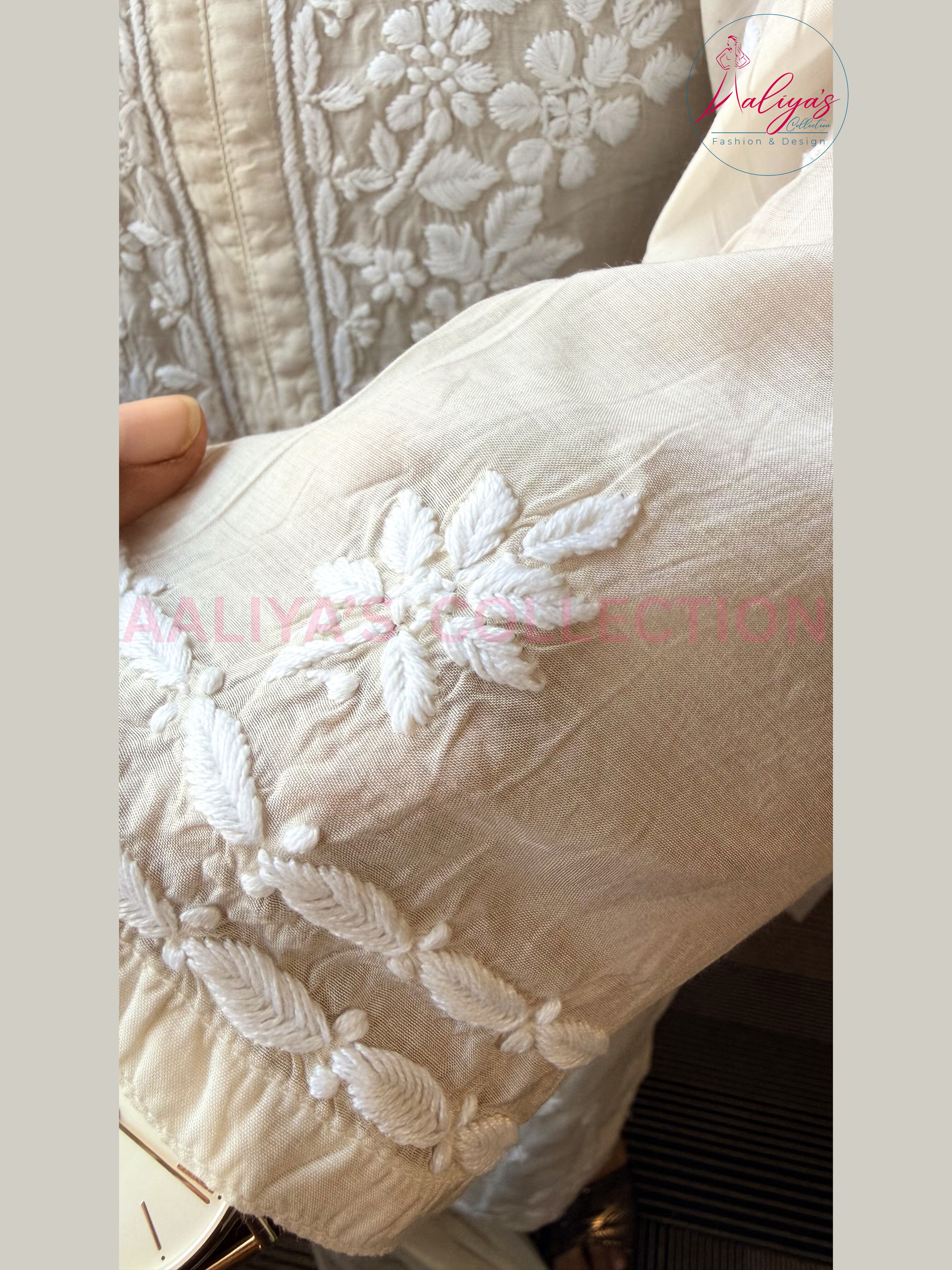 Ivory Lucknowi Chikankari Kurta Pant Set with Chiffon Dupatta | White Thread Embroidery | Summer Wear