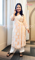 Muslin Angrakha Lucknowi Chikankari Kurti | White Thread Embroidery | Tie-Up Style | Heavy Neck Design