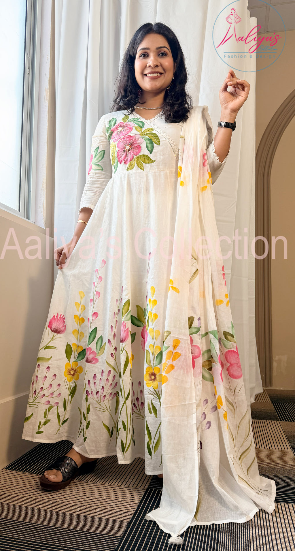 Hand-Painted Mulmul Cotton Anarkali Set with Dupatta & Trouser | Cut Dana Work | Floral Multicolor Design