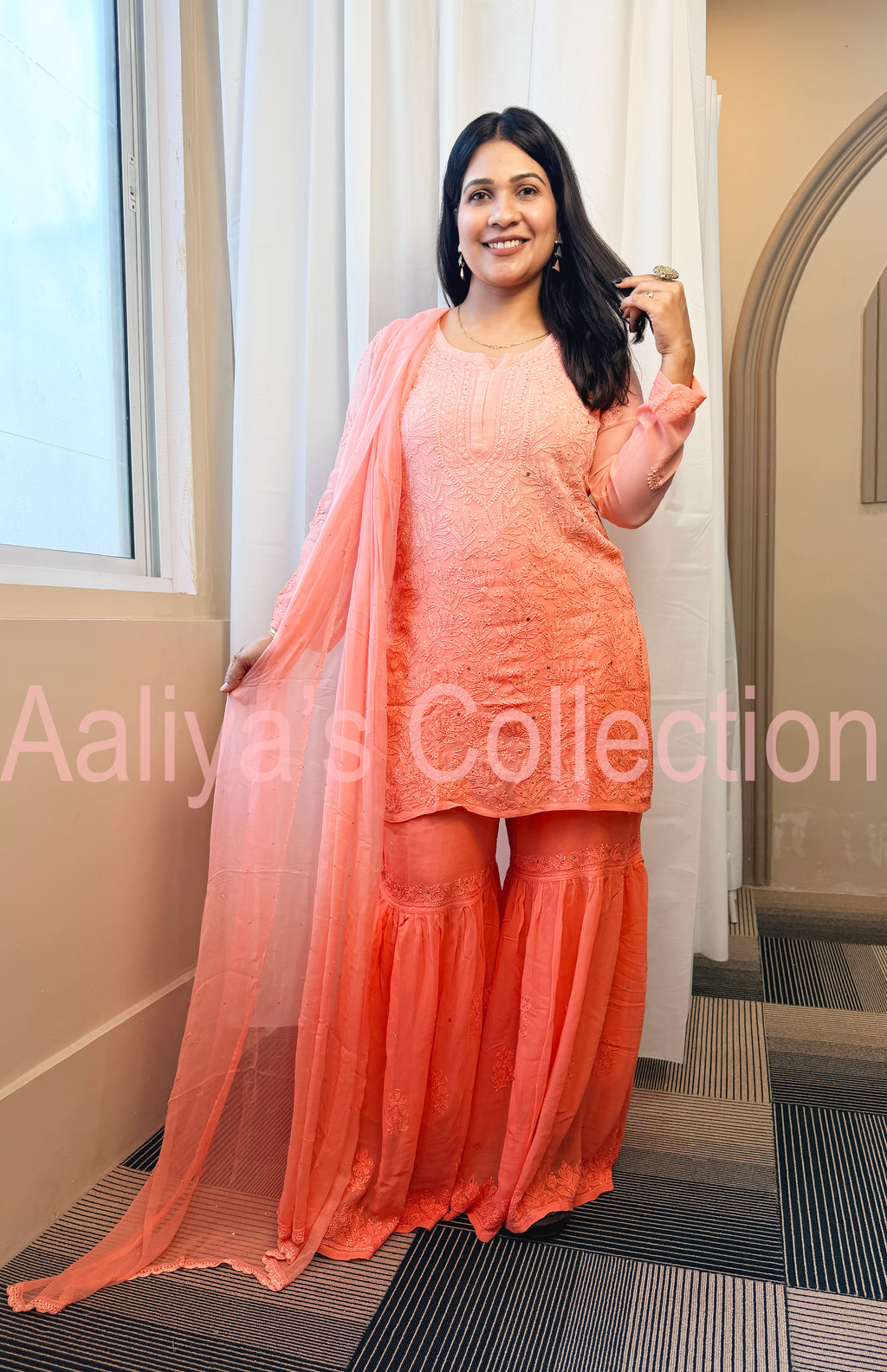 Resham Jaal Lucknowi Chikankari Short Kurti Set with Gharara & Chiffon Dupatta | Muqaish Work | Coral Ombre Design