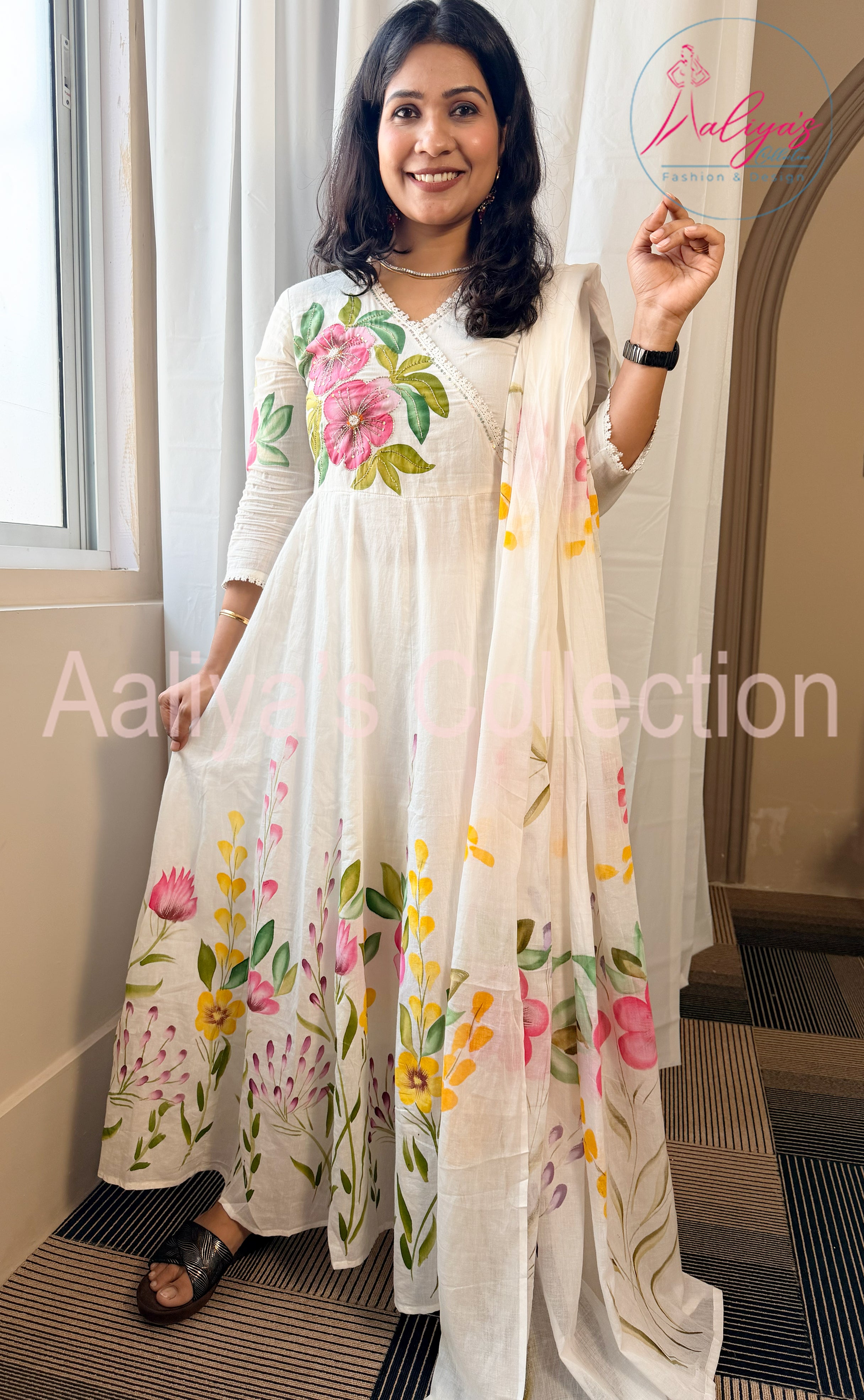 Hand-Painted Mulmul Cotton Anarkali Set with Dupatta & Trouser | Cut Dana Work | Floral Multicolor Design