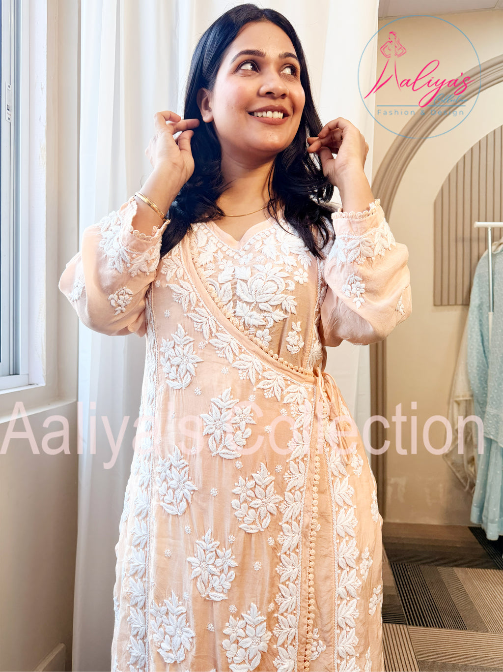 Muslin Angrakha Lucknowi Chikankari Kurti | White Thread Embroidery | Tie-Up Style | Heavy Neck Design
