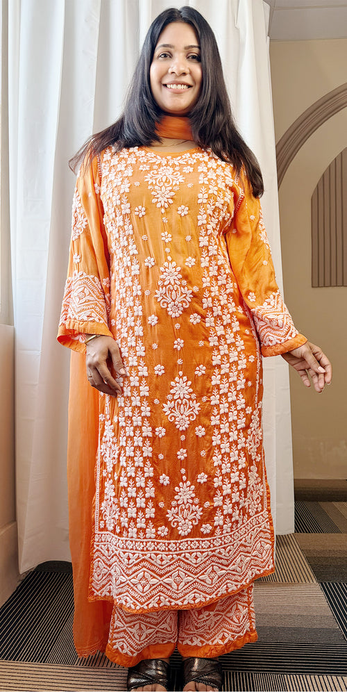 Mudal Silk Lucknowi Chikankari Kurta Set with Palazzo & Chiffon Dupatta | 3D Embroidery | Boat Neck | Coral Color