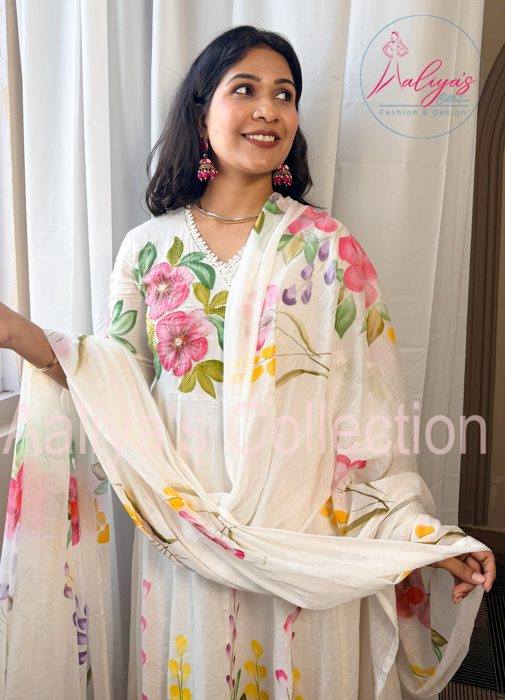 Hand-Painted Mulmul Cotton Anarkali Set with Dupatta & Trouser | Cut Dana Work | Floral Multicolor Design