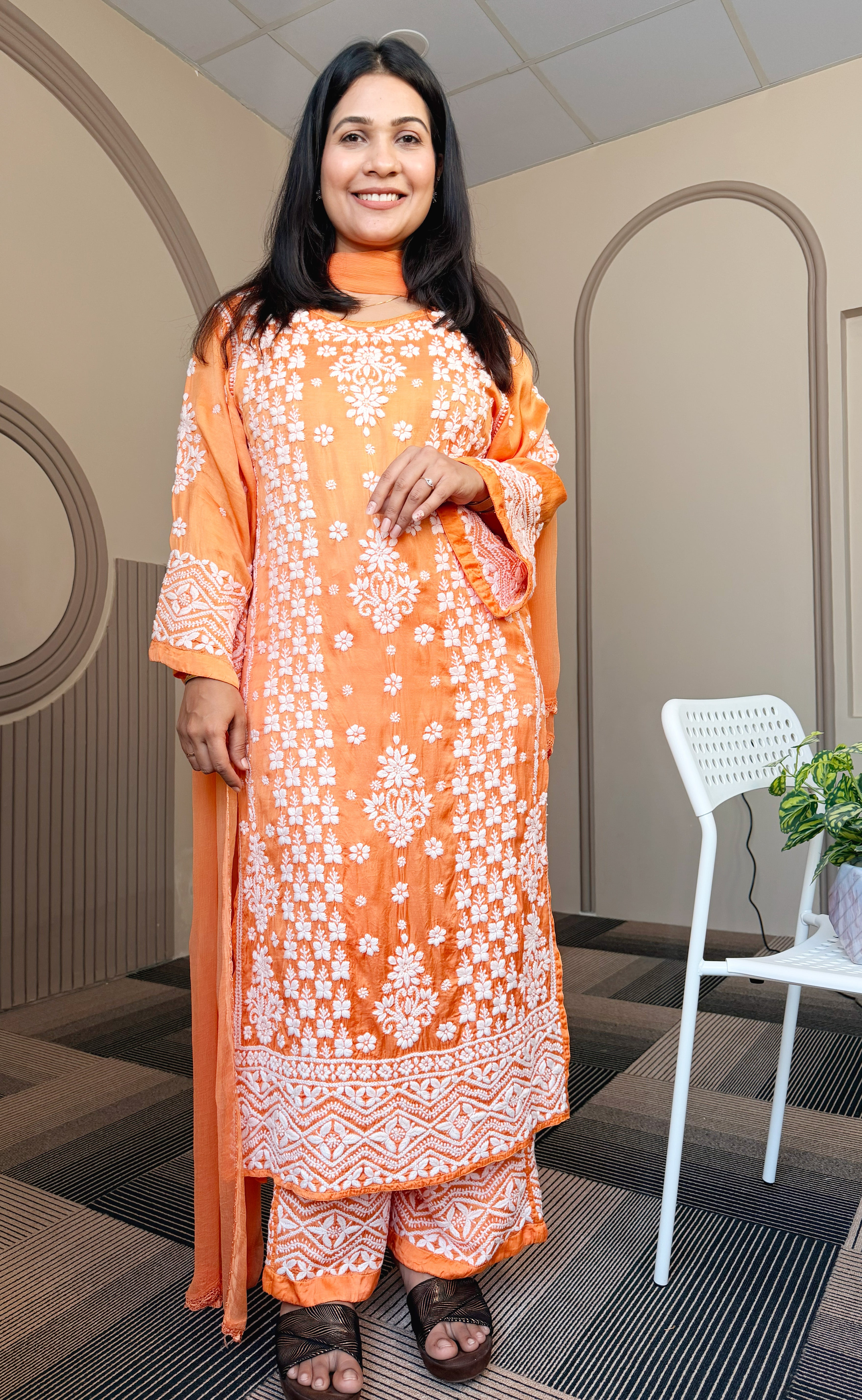 Mudal Silk Lucknowi Chikankari Kurta Set with Palazzo & Chiffon Dupatta | 3D Embroidery | Boat Neck | Coral Color