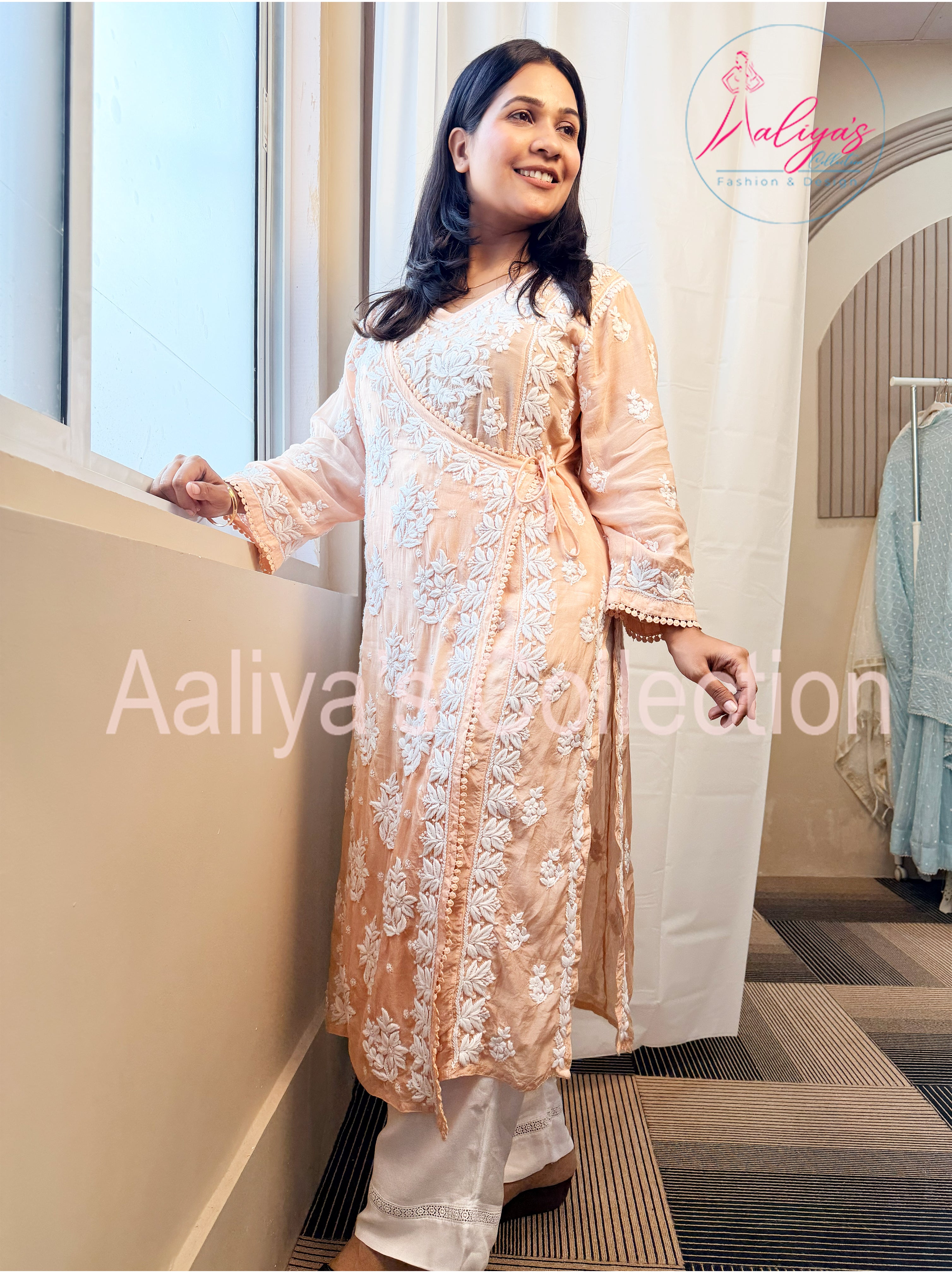 Muslin Angrakha Lucknowi Chikankari Kurti | White Thread Embroidery | Tie-Up Style | Heavy Neck Design