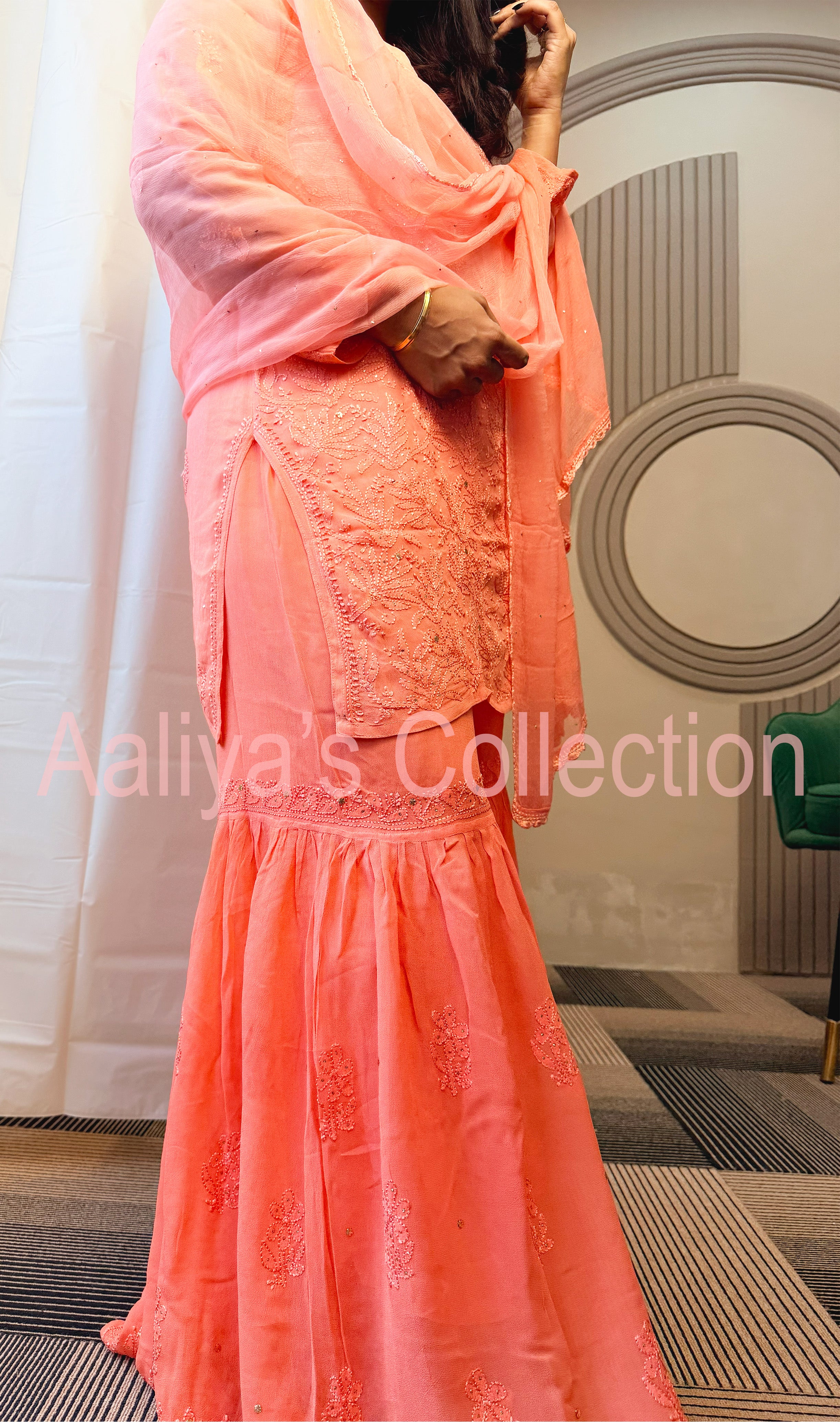 Resham Jaal Lucknowi Chikankari Short Kurti Set with Gharara & Chiffon Dupatta | Muqaish Work | Coral Ombre Design