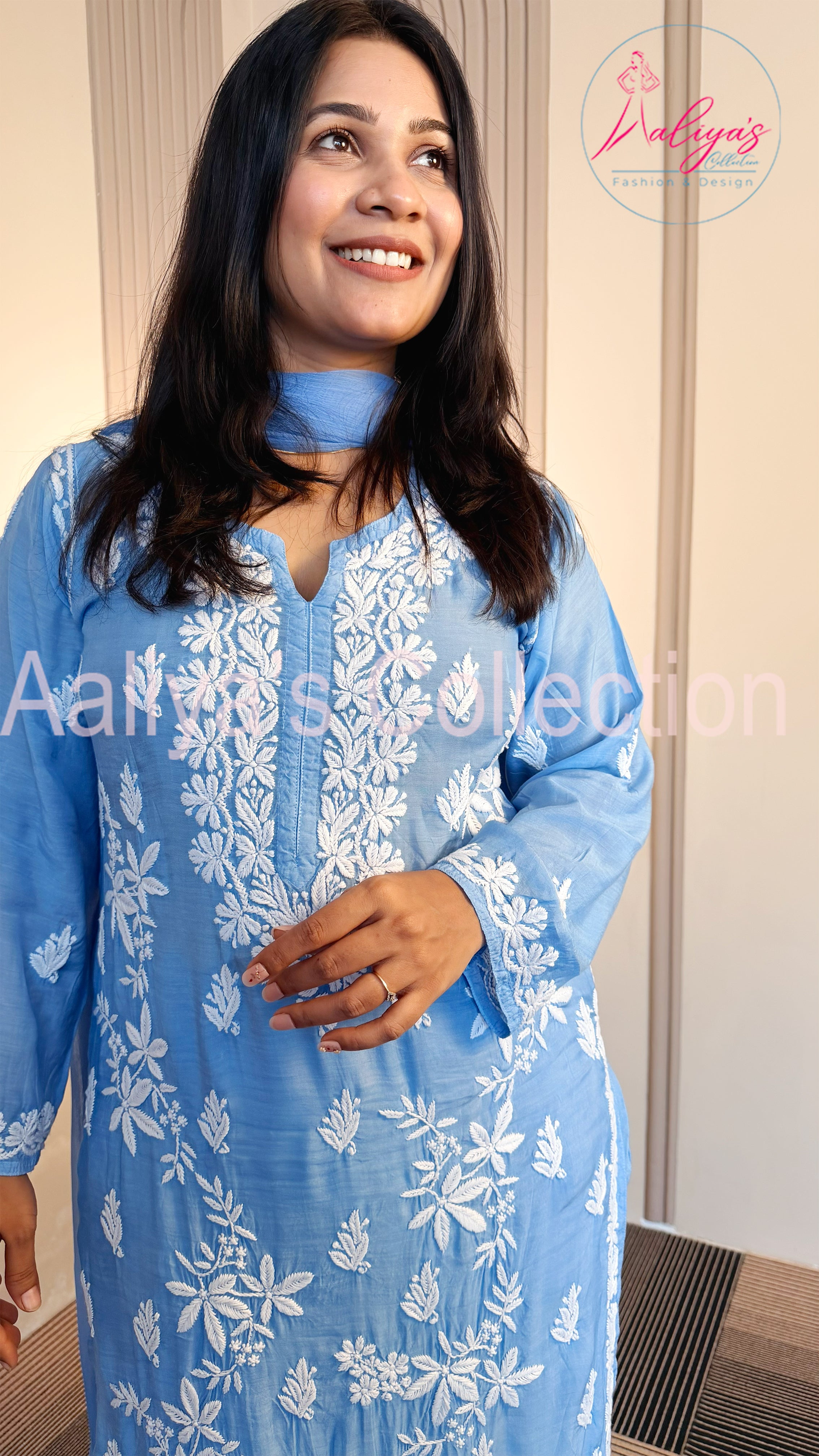 Muslin Silk Lucknowi Chikankari Kurta Pant Set with Chiffon Dupatta | Denim Blue | White Thread Embroidery