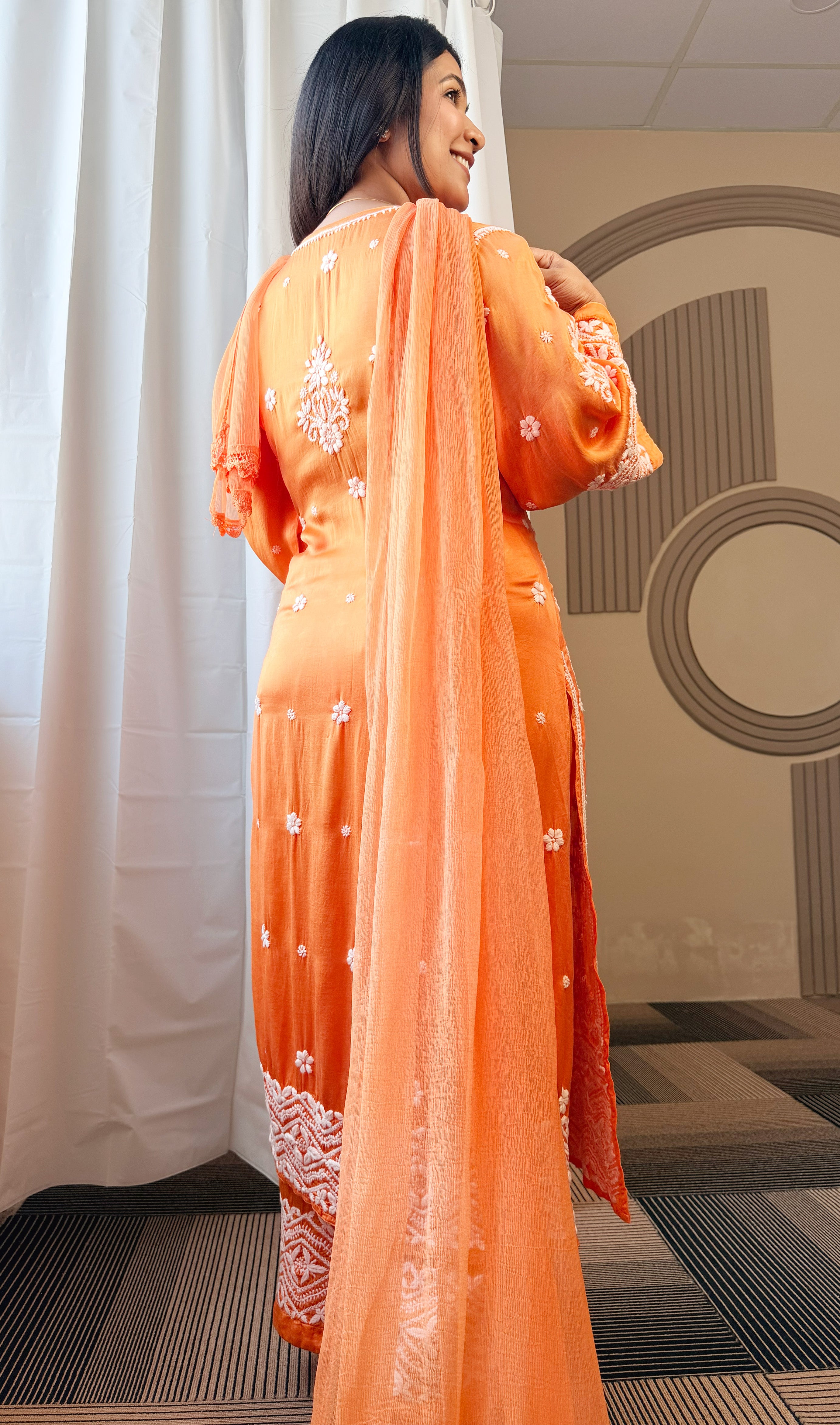 Mudal Silk Lucknowi Chikankari Kurta Set with Palazzo & Chiffon Dupatta | 3D Embroidery | Boat Neck | Coral Color