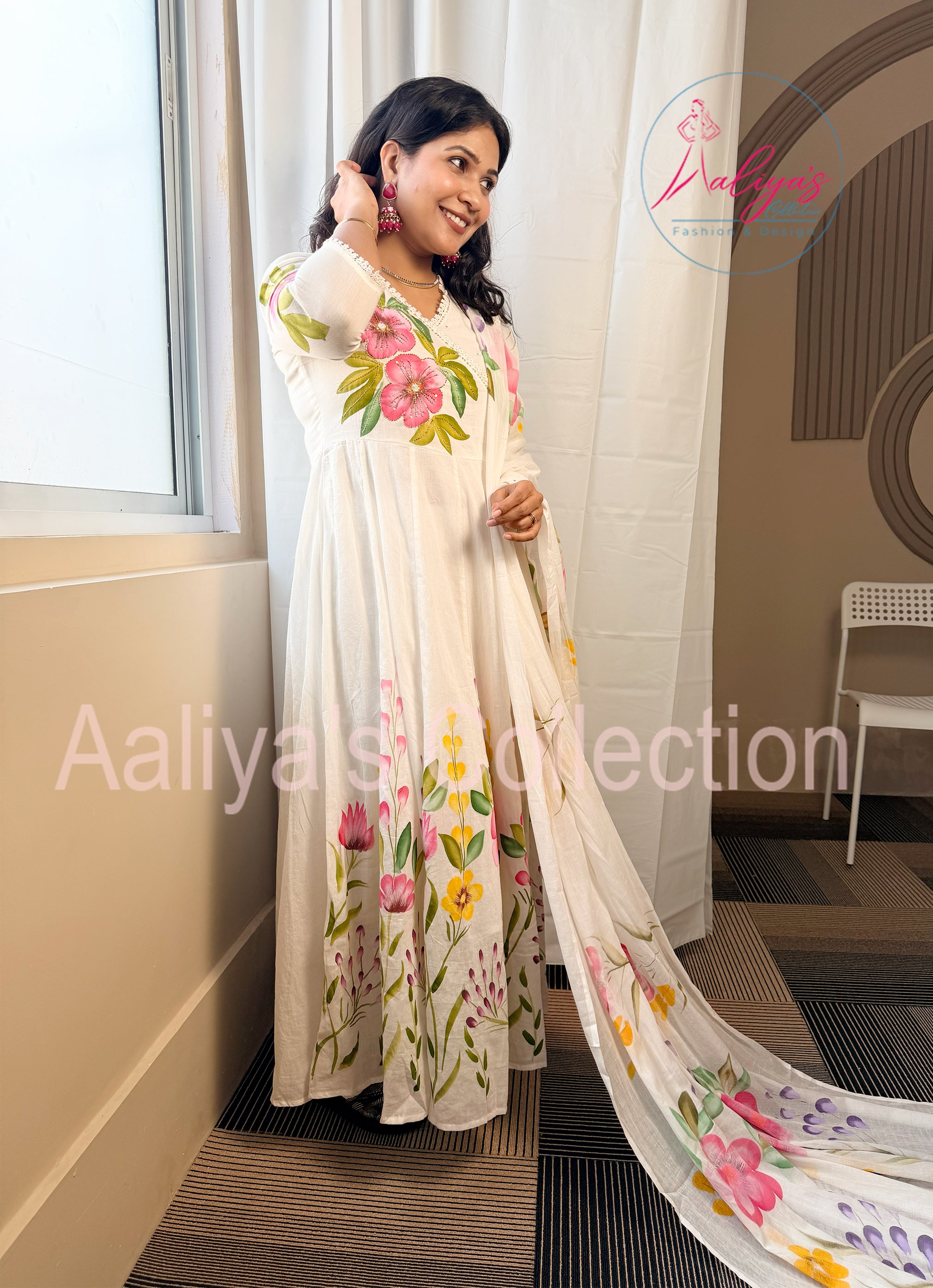 Hand-Painted Mulmul Cotton Anarkali Set with Dupatta & Trouser | Cut Dana Work | Floral Multicolor Design
