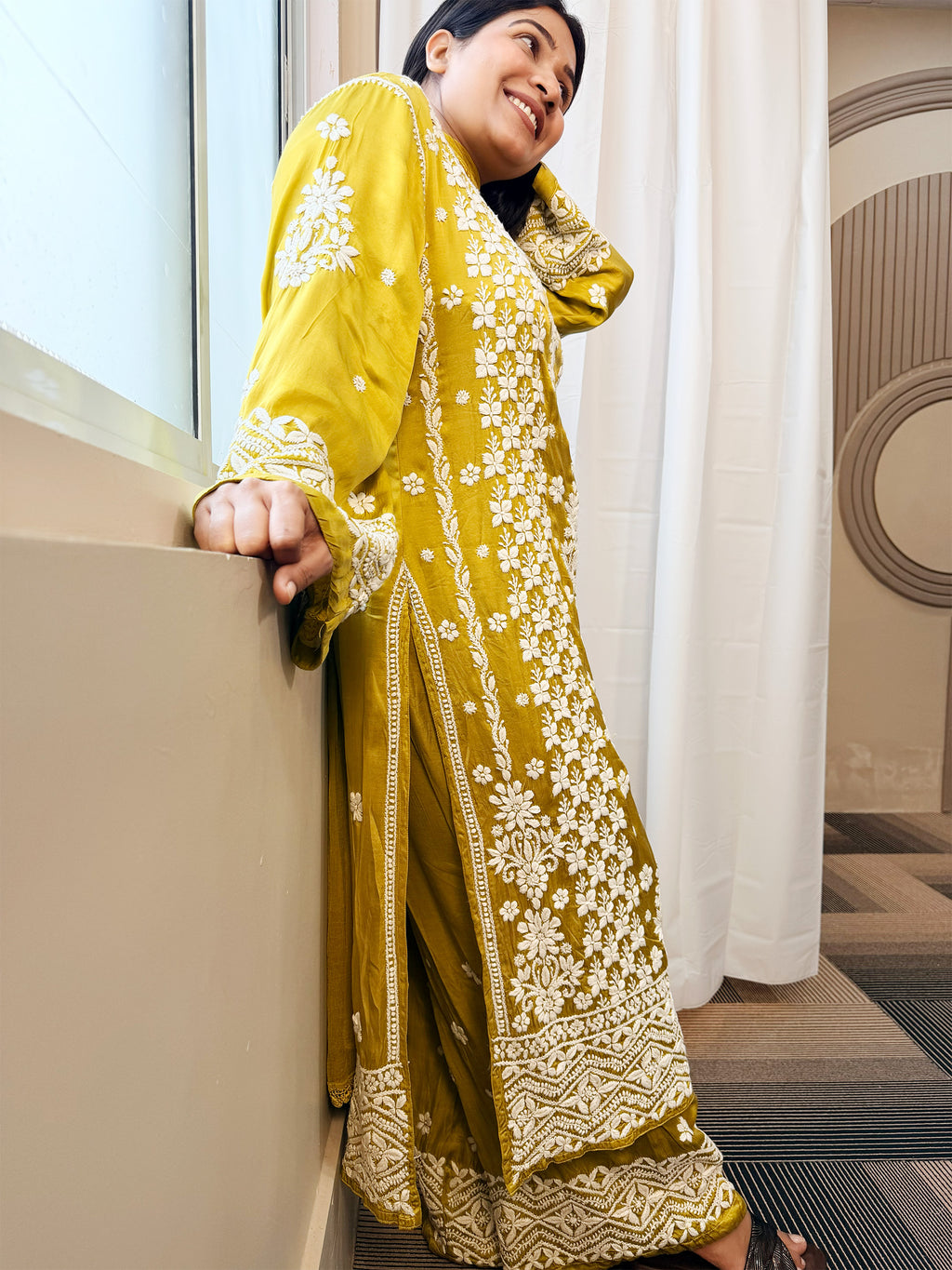 Mudal Silk Lucknowi Chikankari Kurta Set with Palazzo & Chiffon Dupatta | 3D Embroidery | Boat Neck | Mehndi Gold Color