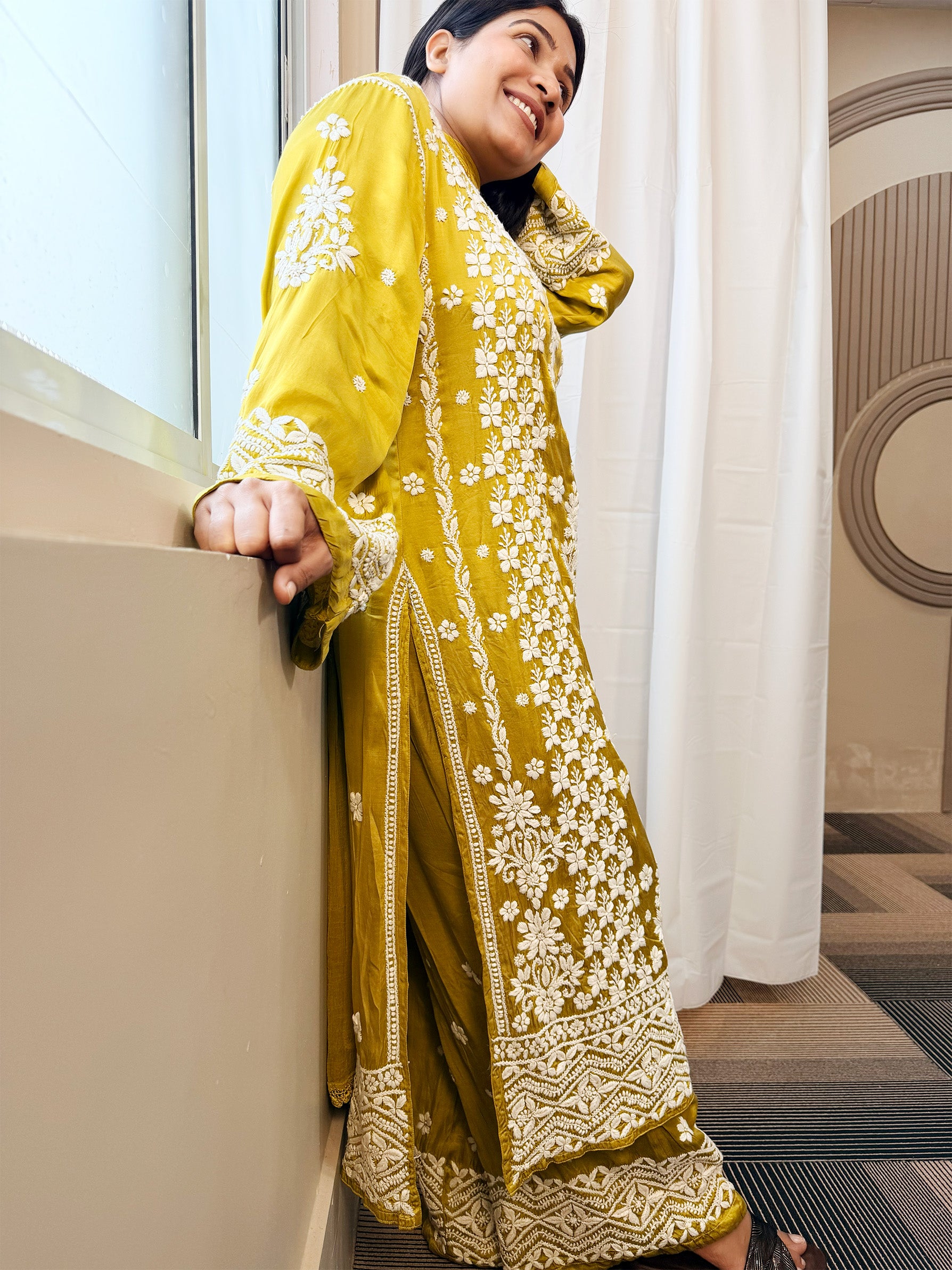 Mudal Silk Lucknowi Chikankari Kurta Set with Palazzo & Chiffon Dupatta | 3D Embroidery | Boat Neck | Mehndi Gold Color