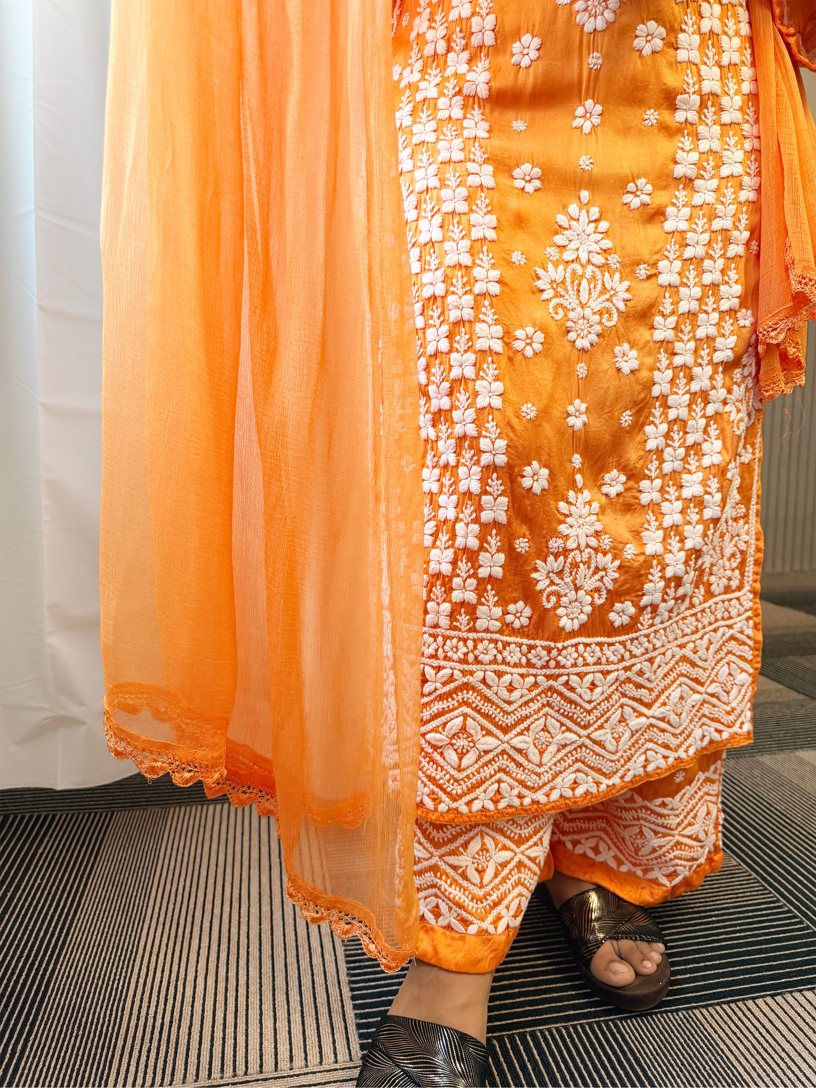 Mudal Silk Lucknowi Chikankari Kurta Set with Palazzo & Chiffon Dupatta | 3D Embroidery | Boat Neck | Coral Color