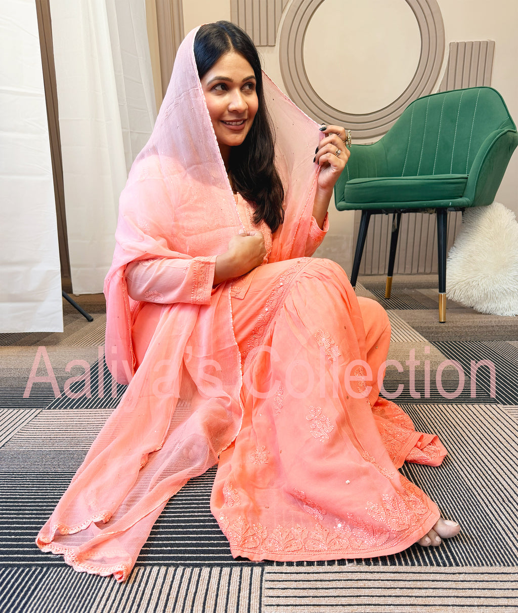 Resham Jaal Lucknowi Chikankari Short Kurti Set with Gharara & Chiffon Dupatta | Muqaish Work | Coral Ombre Design