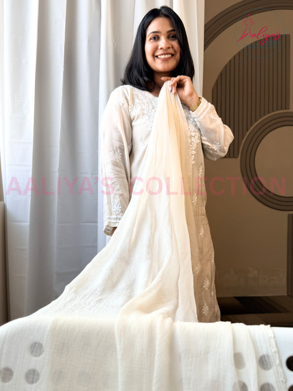 Ivory Lucknowi Chikankari Kurta Pant Set with Chiffon Dupatta | White Thread Embroidery | Summer Wear