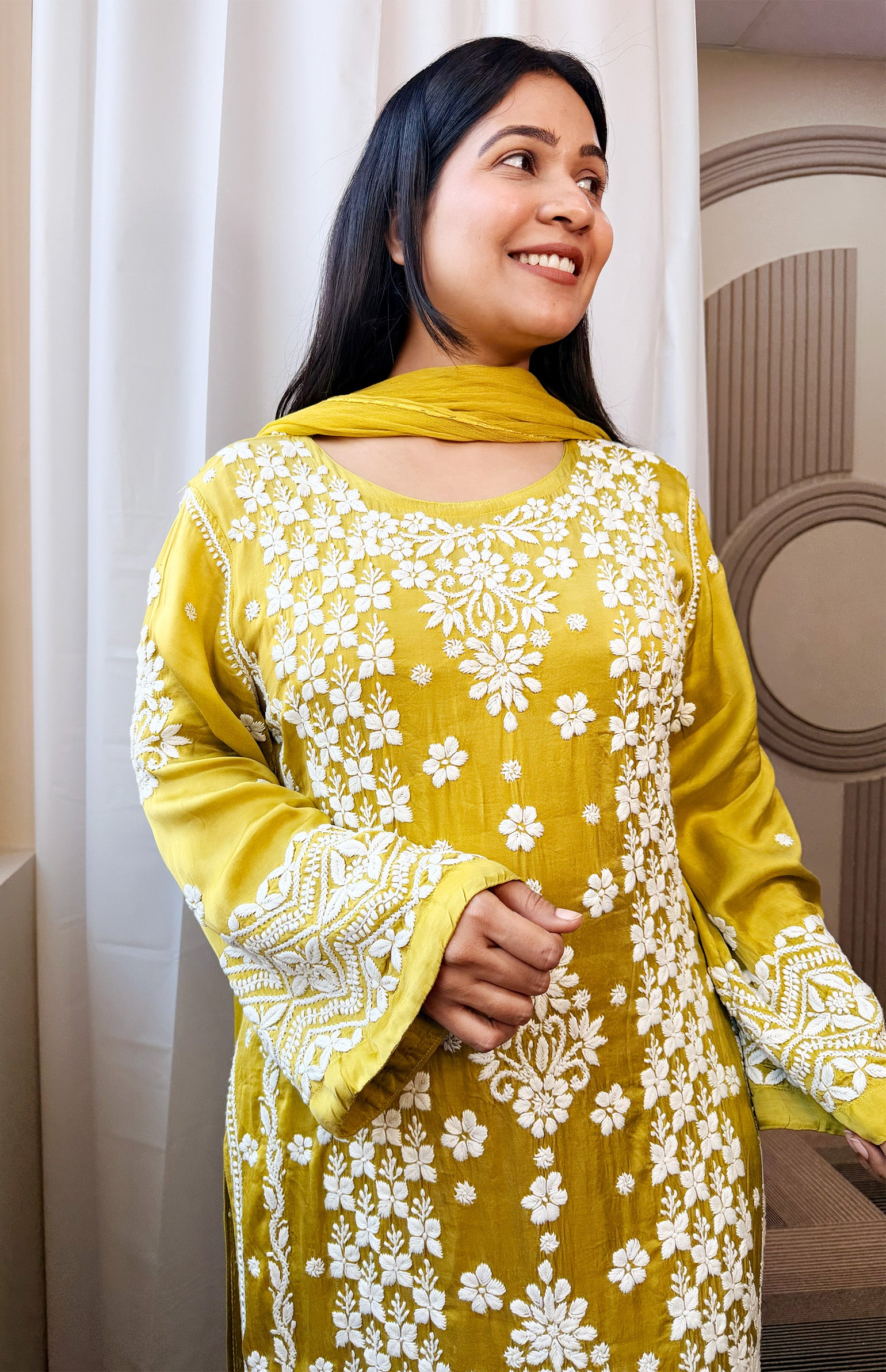 Mudal Silk Lucknowi Chikankari Kurta Set with Palazzo & Chiffon Dupatta | 3D Embroidery | Boat Neck | Mehndi Gold Color