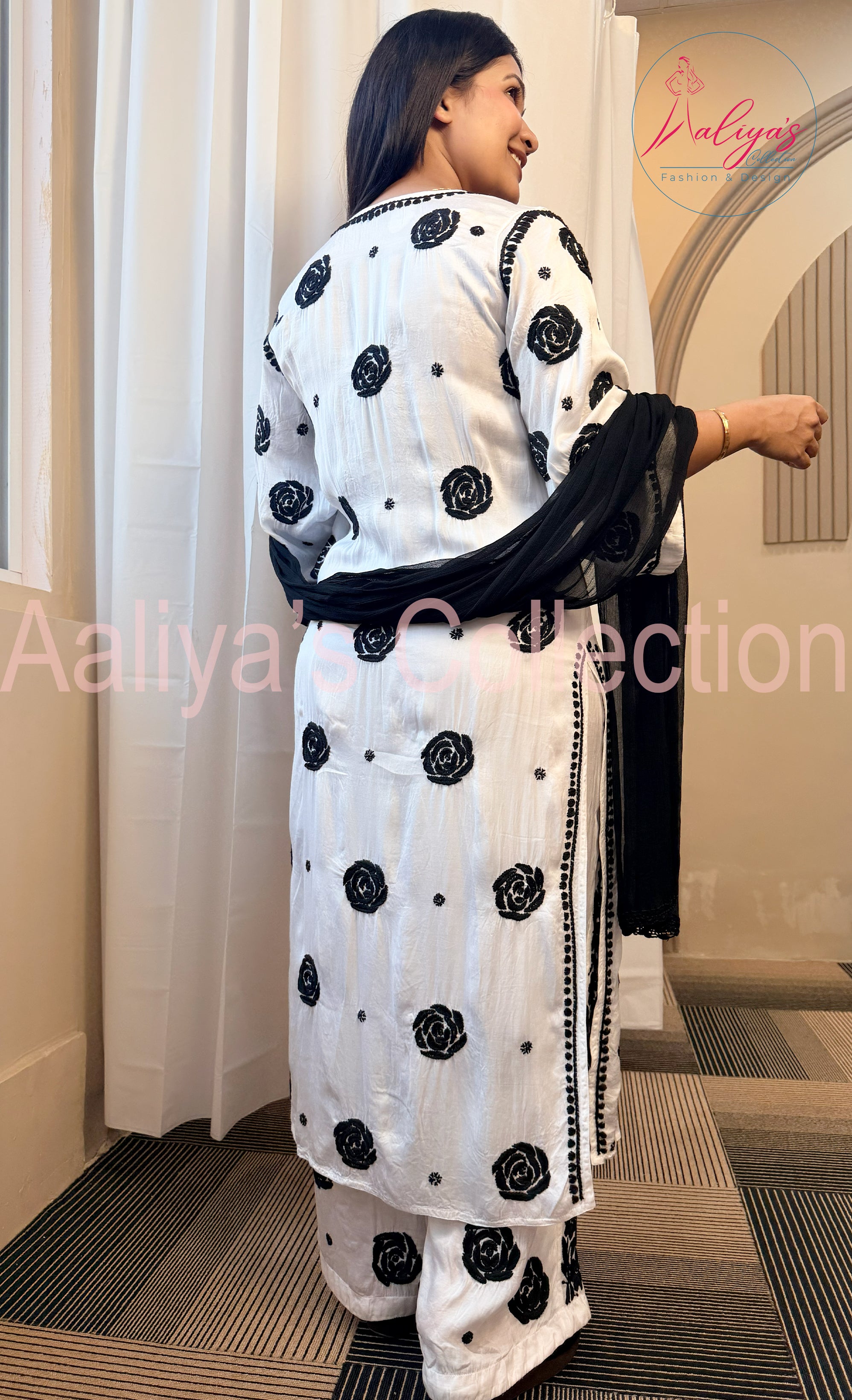Mudal Silk Lucknowi Chikankari Kurta Palazzo Set with Chiffon Dupatta | Black & White | Floral Rose Embroidery