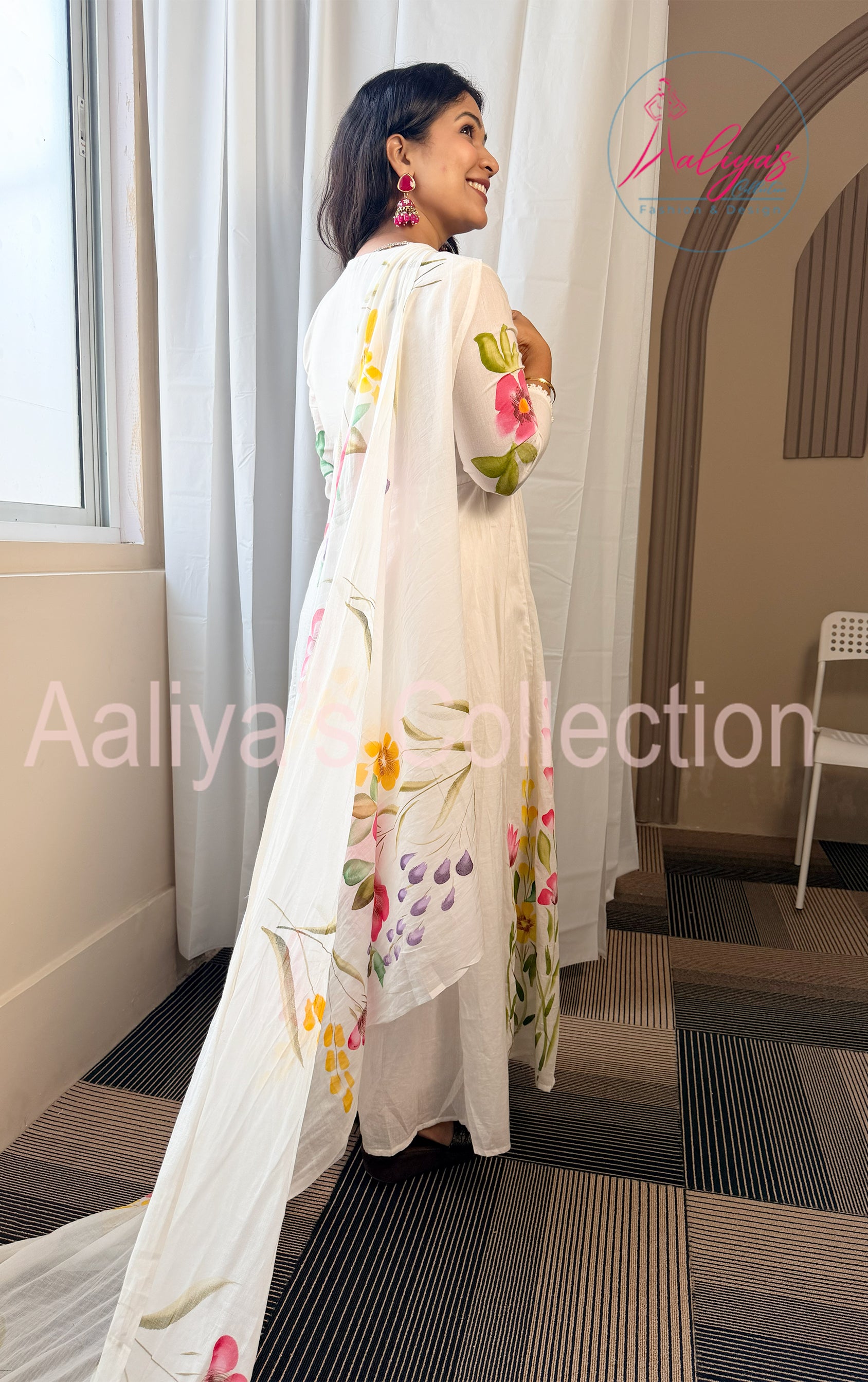 Hand-Painted Mulmul Cotton Anarkali Set with Dupatta & Trouser | Cut Dana Work | Floral Multicolor Design