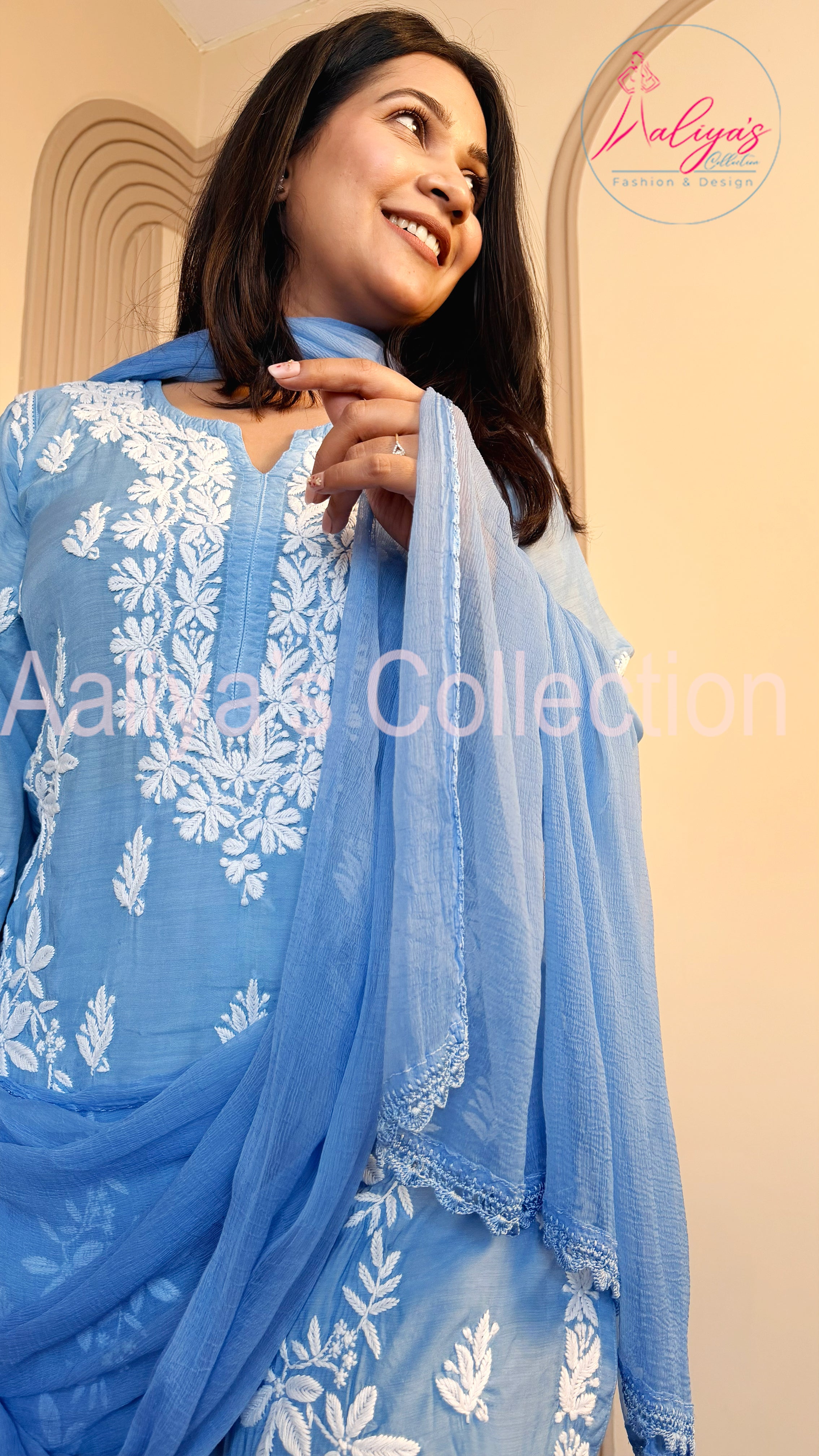 Muslin Silk Lucknowi Chikankari Kurta Pant Set with Chiffon Dupatta | Denim Blue | White Thread Embroidery