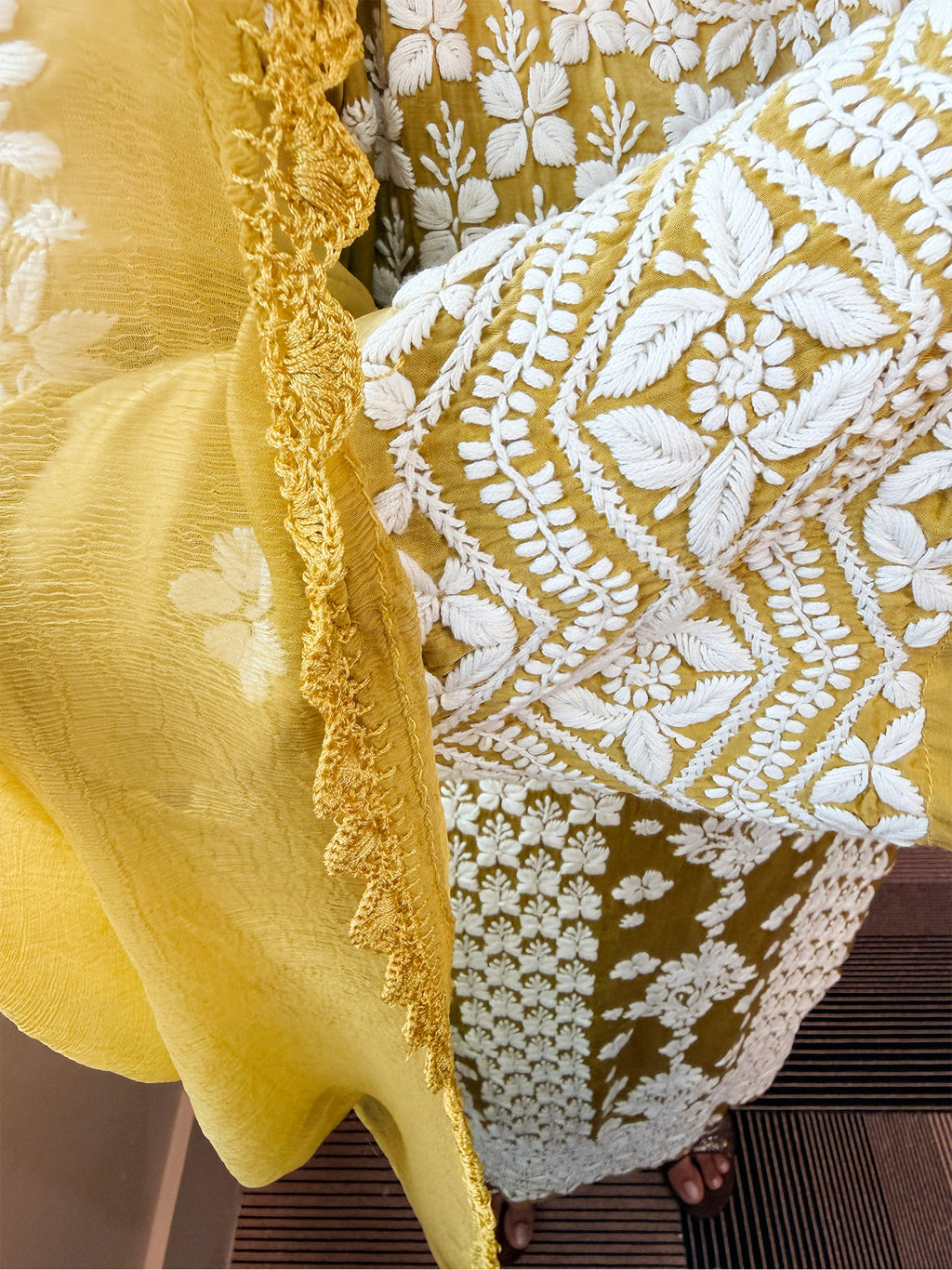 Mudal Silk Lucknowi Chikankari Kurta Set with Palazzo & Chiffon Dupatta | 3D Embroidery | Boat Neck | Mehndi Gold Color