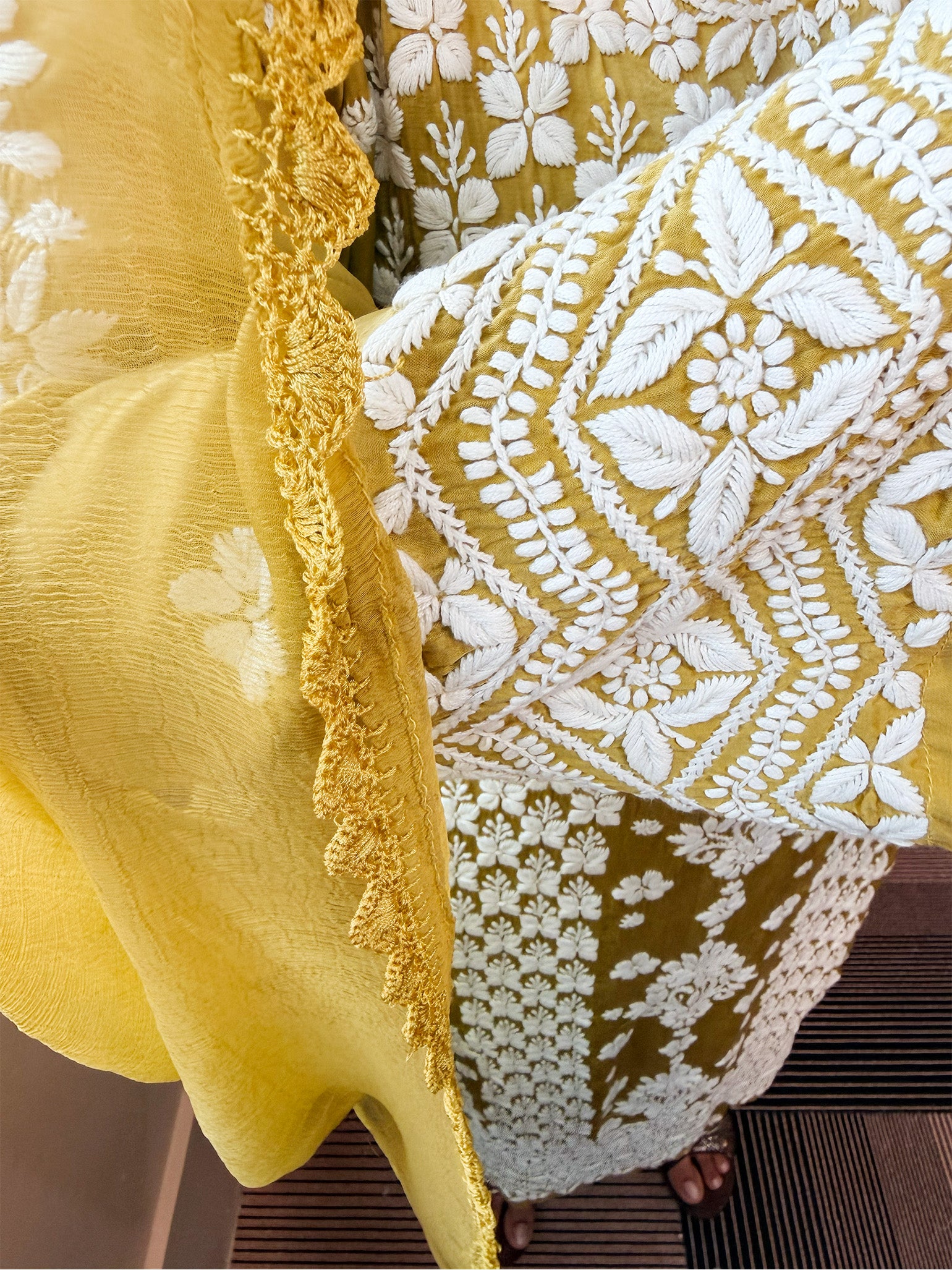Mudal Silk Lucknowi Chikankari Kurta Set with Palazzo & Chiffon Dupatta | 3D Embroidery | Boat Neck | Mehndi Gold Color