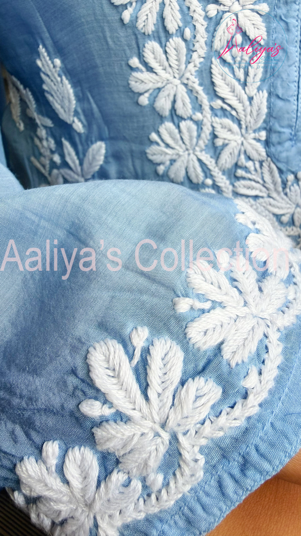 Muslin Silk Lucknowi Chikankari Kurta Pant Set with Chiffon Dupatta | Denim Blue | White Thread Embroidery