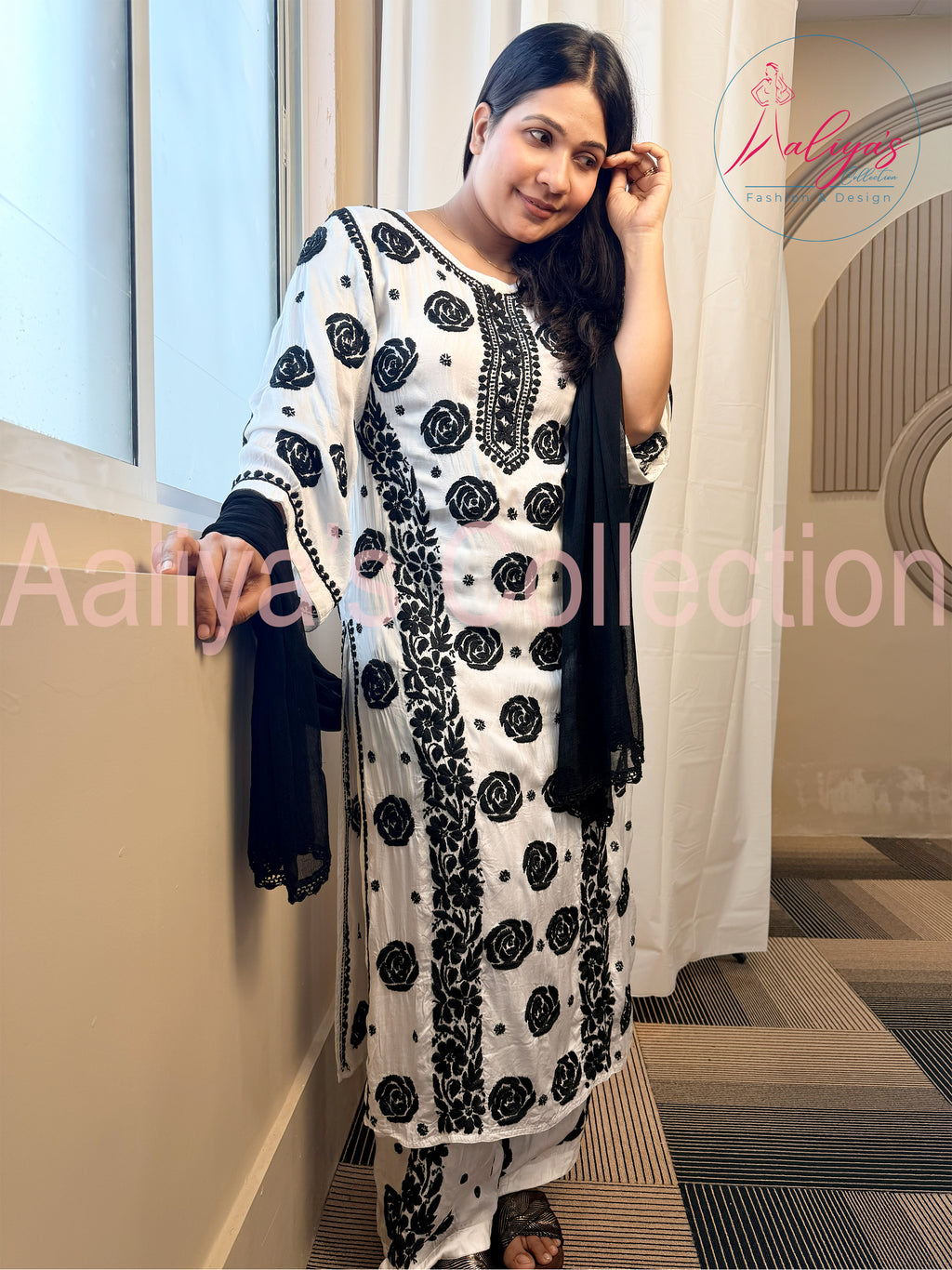 Mudal Silk Lucknowi Chikankari Kurta Palazzo Set with Chiffon Dupatta | Black & White | Floral Rose Embroidery