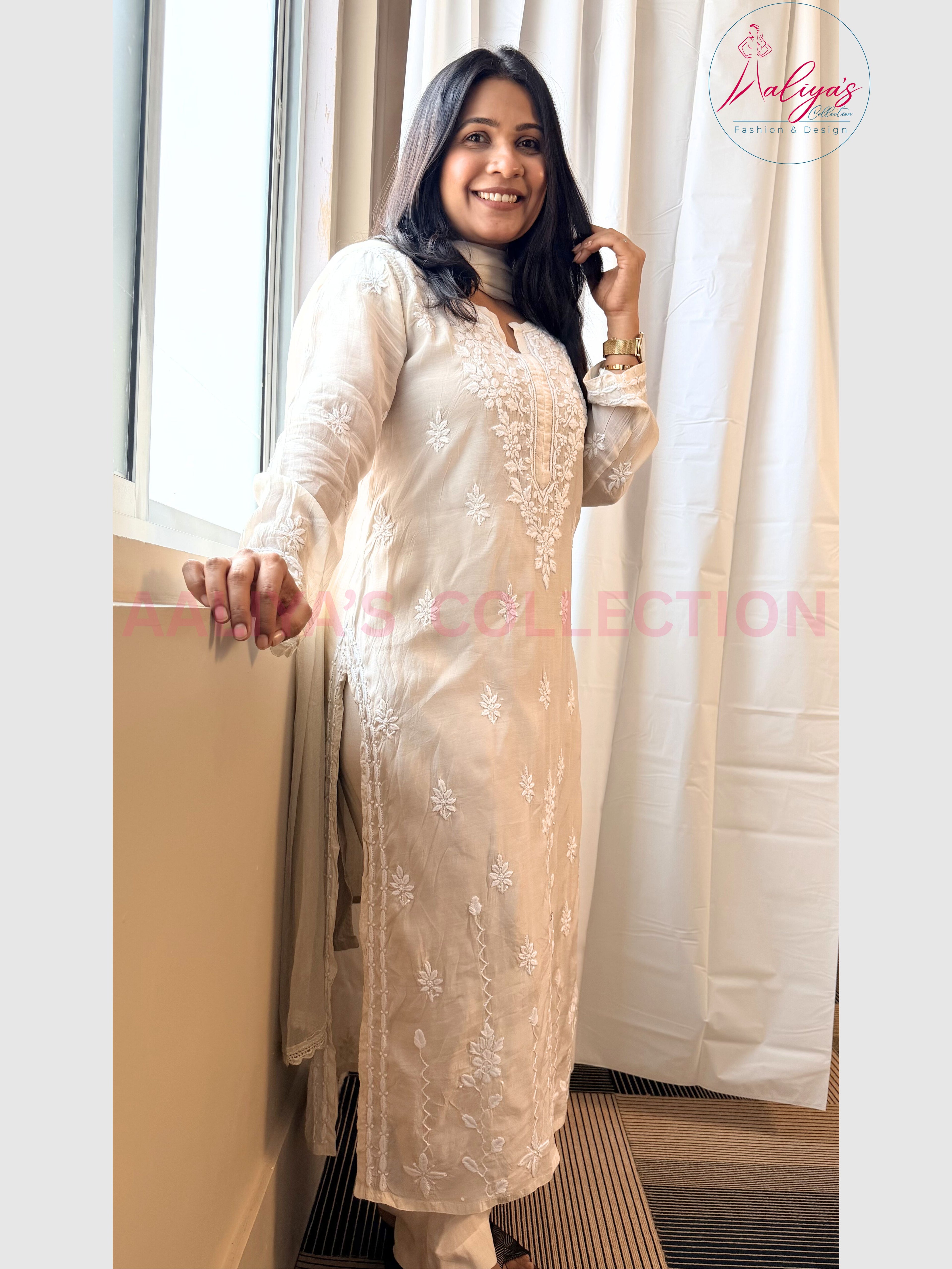 Ivory Lucknowi Chikankari Kurta Pant Set with Chiffon Dupatta | White Thread Embroidery | Summer Wear
