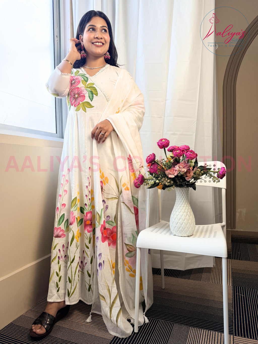 Hand-Painted Mulmul Cotton Anarkali Set with Dupatta & Trouser | Cut Dana Work | Floral Multicolor Design