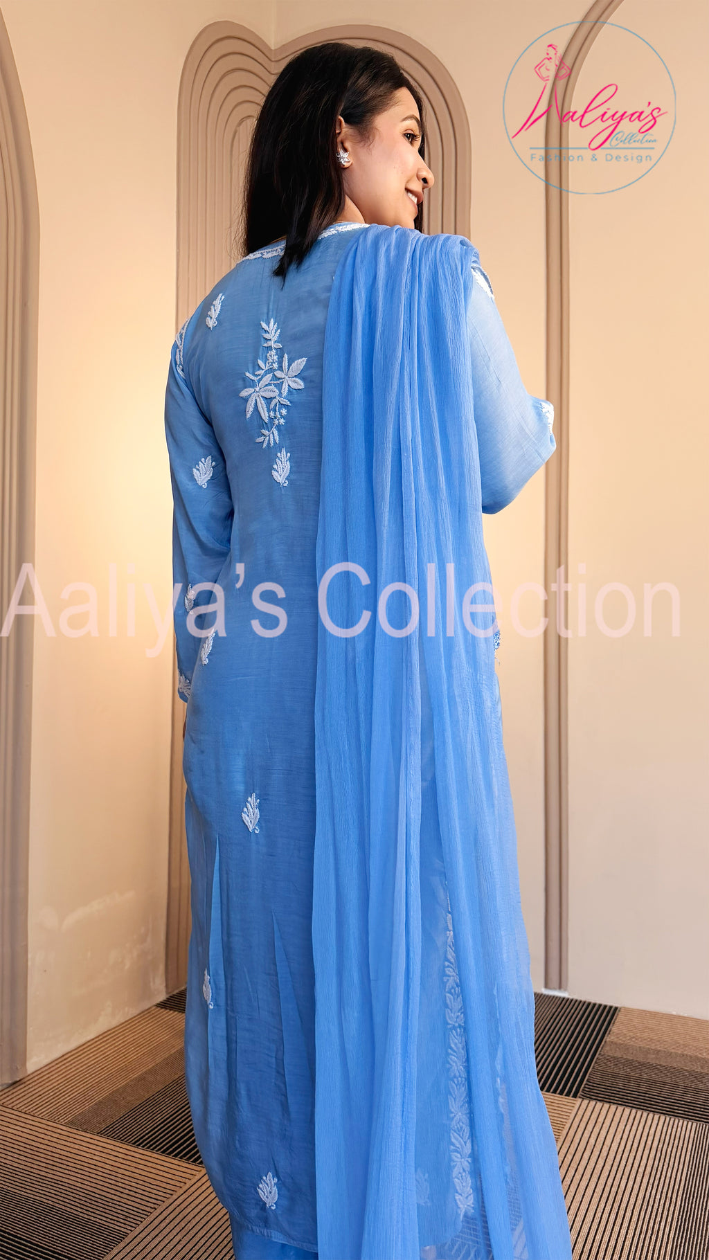 Muslin Silk Lucknowi Chikankari Kurta Pant Set with Chiffon Dupatta | Denim Blue | White Thread Embroidery