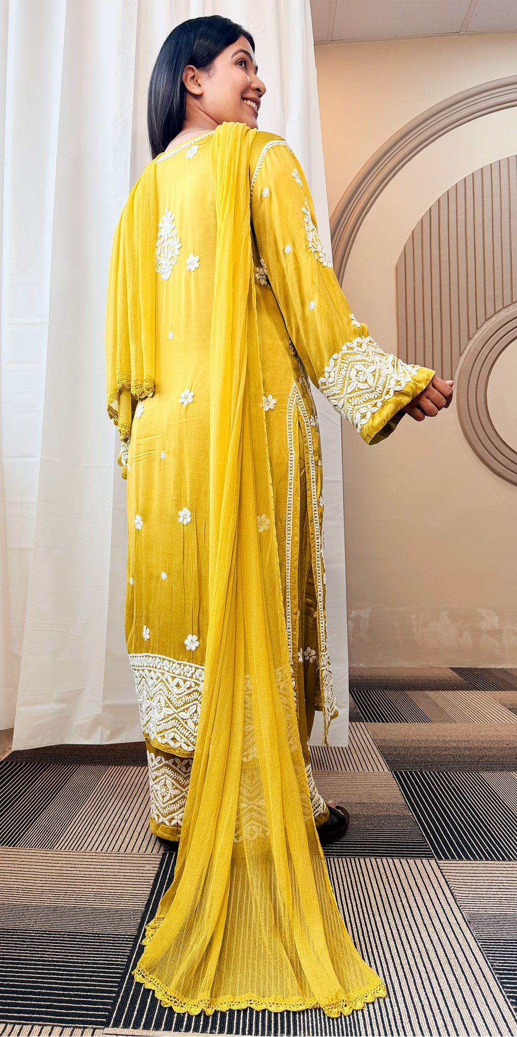 Mudal Silk Lucknowi Chikankari Kurta Set with Palazzo & Chiffon Dupatta | 3D Embroidery | Boat Neck | Mehndi Gold Color