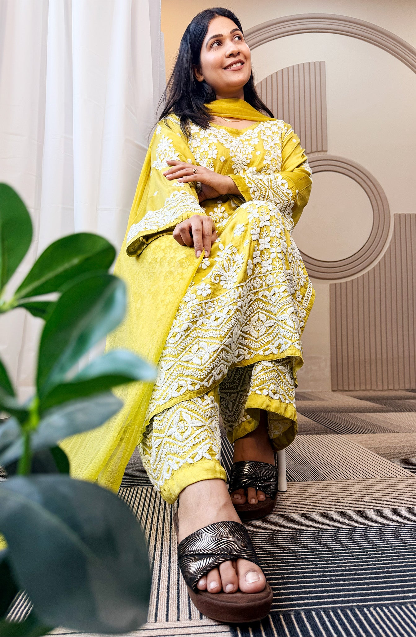 Mudal Silk Lucknowi Chikankari Kurta Set with Palazzo & Chiffon Dupatta | 3D Embroidery | Boat Neck | Mehndi Gold Color