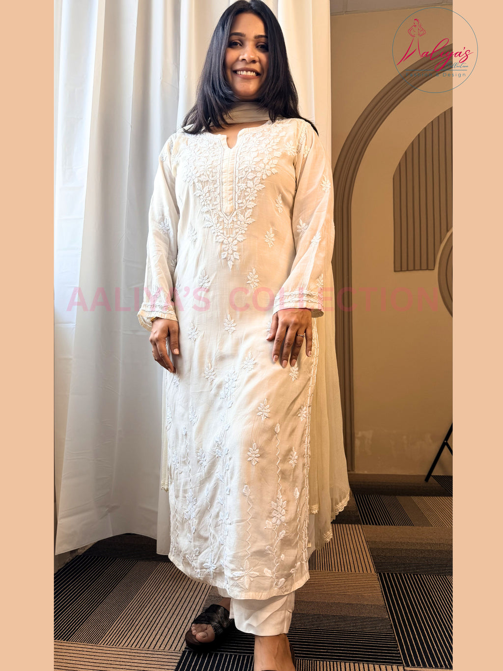 Ivory Lucknowi Chikankari Kurta Pant Set with Chiffon Dupatta | White Thread Embroidery | Summer Wear