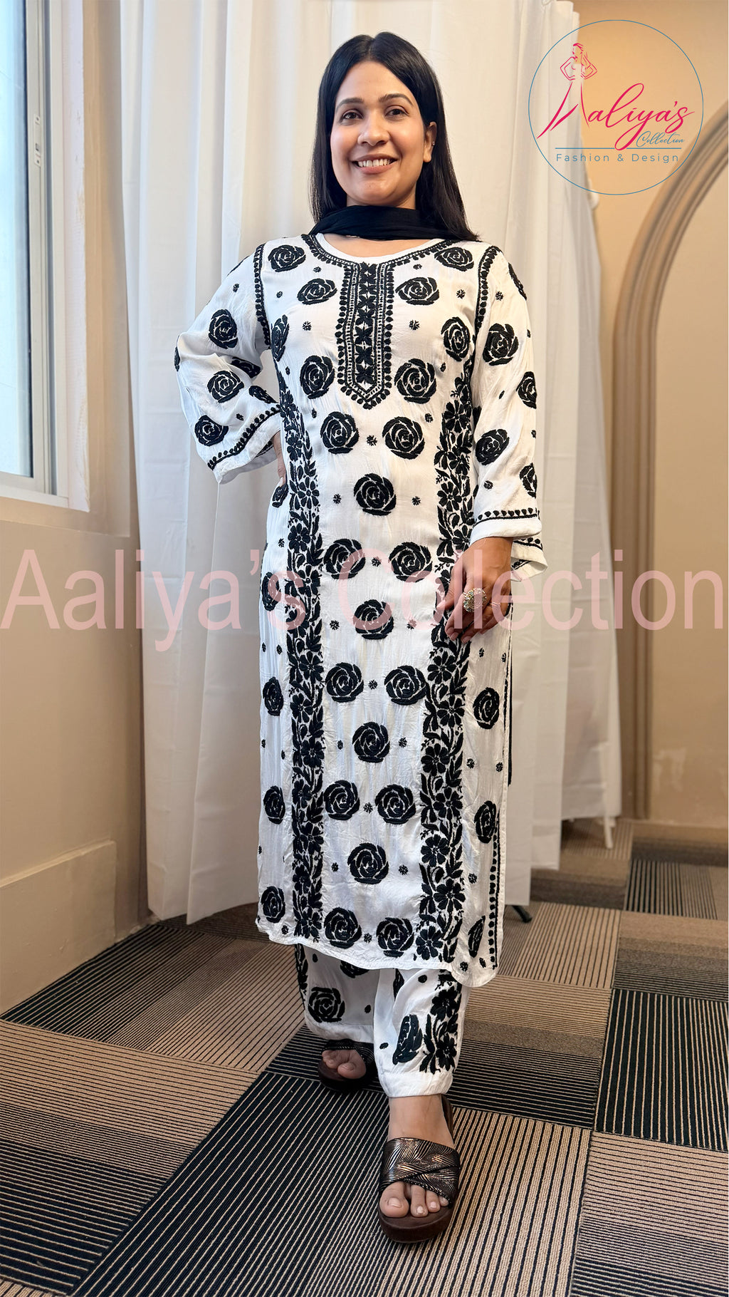 Mudal Silk Lucknowi Chikankari Kurta Palazzo Set with Chiffon Dupatta | Black & White | Floral Rose Embroidery