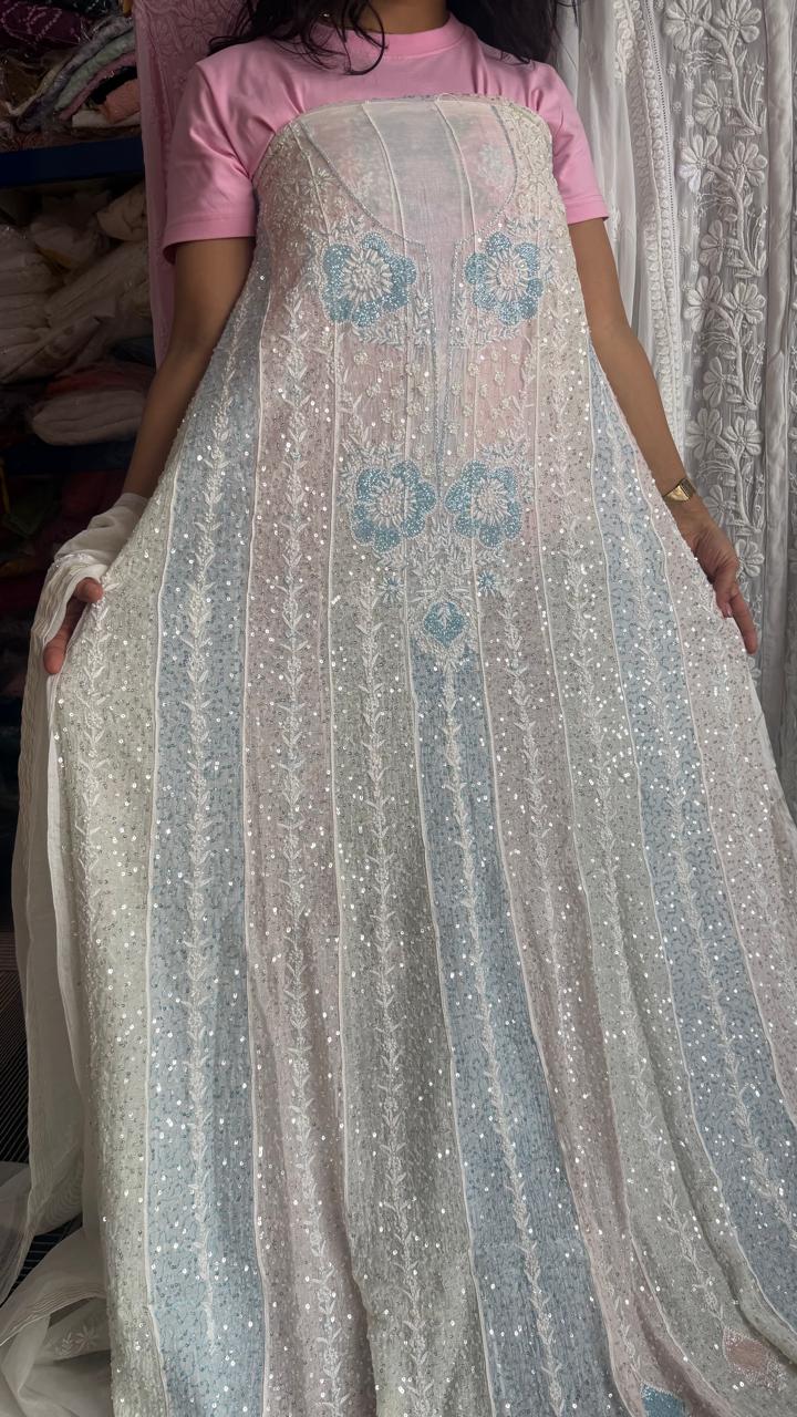 Unstiched Chikankari_ Anarkali Free size with Dupatta
