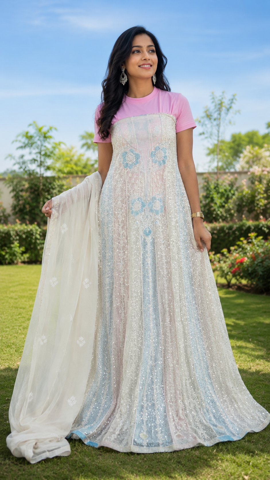 Unstiched Chikankari_ Anarkali Free size with Dupatta