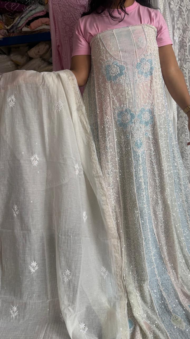 Unstiched Chikankari_ Anarkali Free size with Dupatta