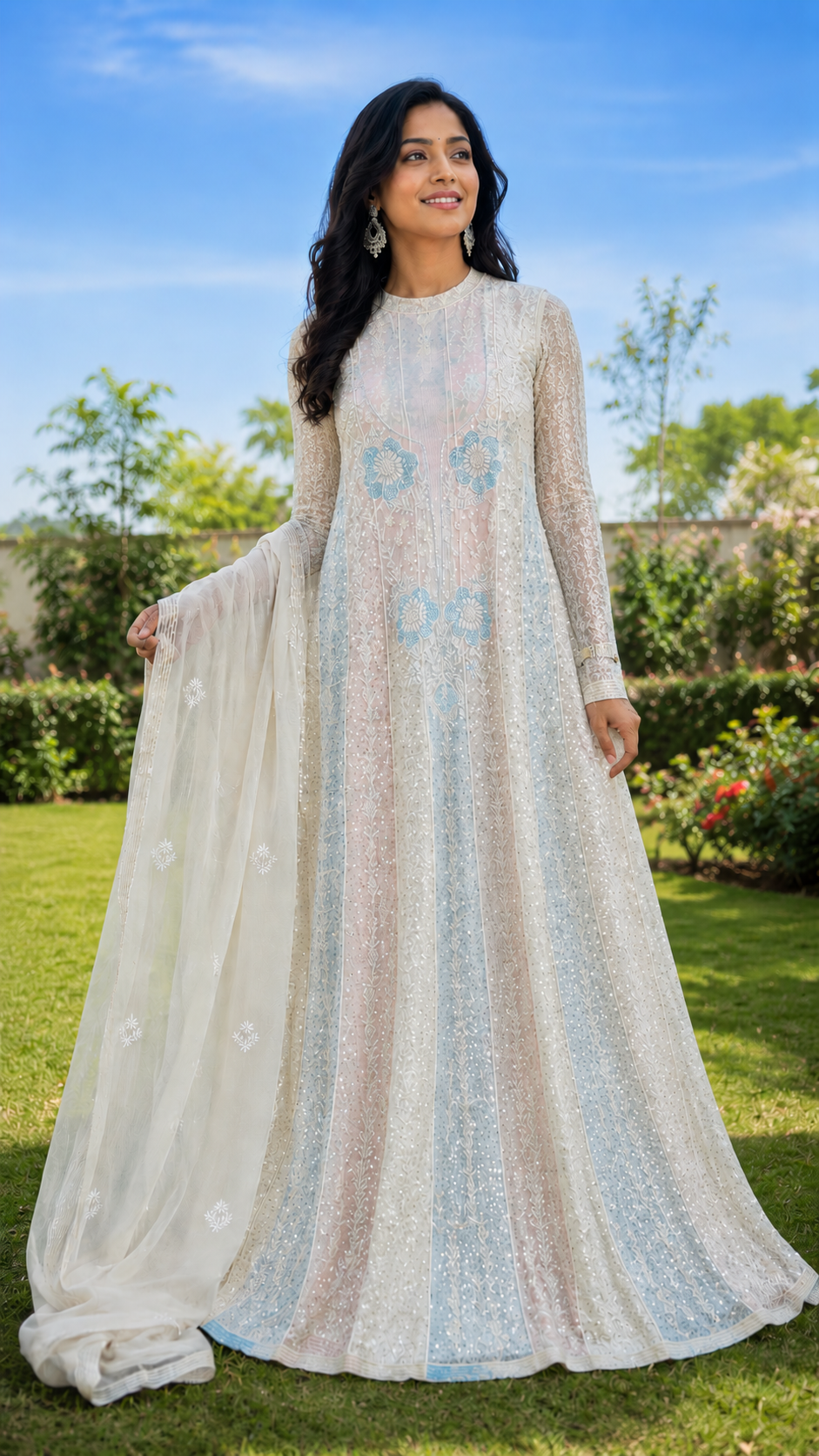 Unstiched Chikankari_ Anarkali Free size with Dupatta