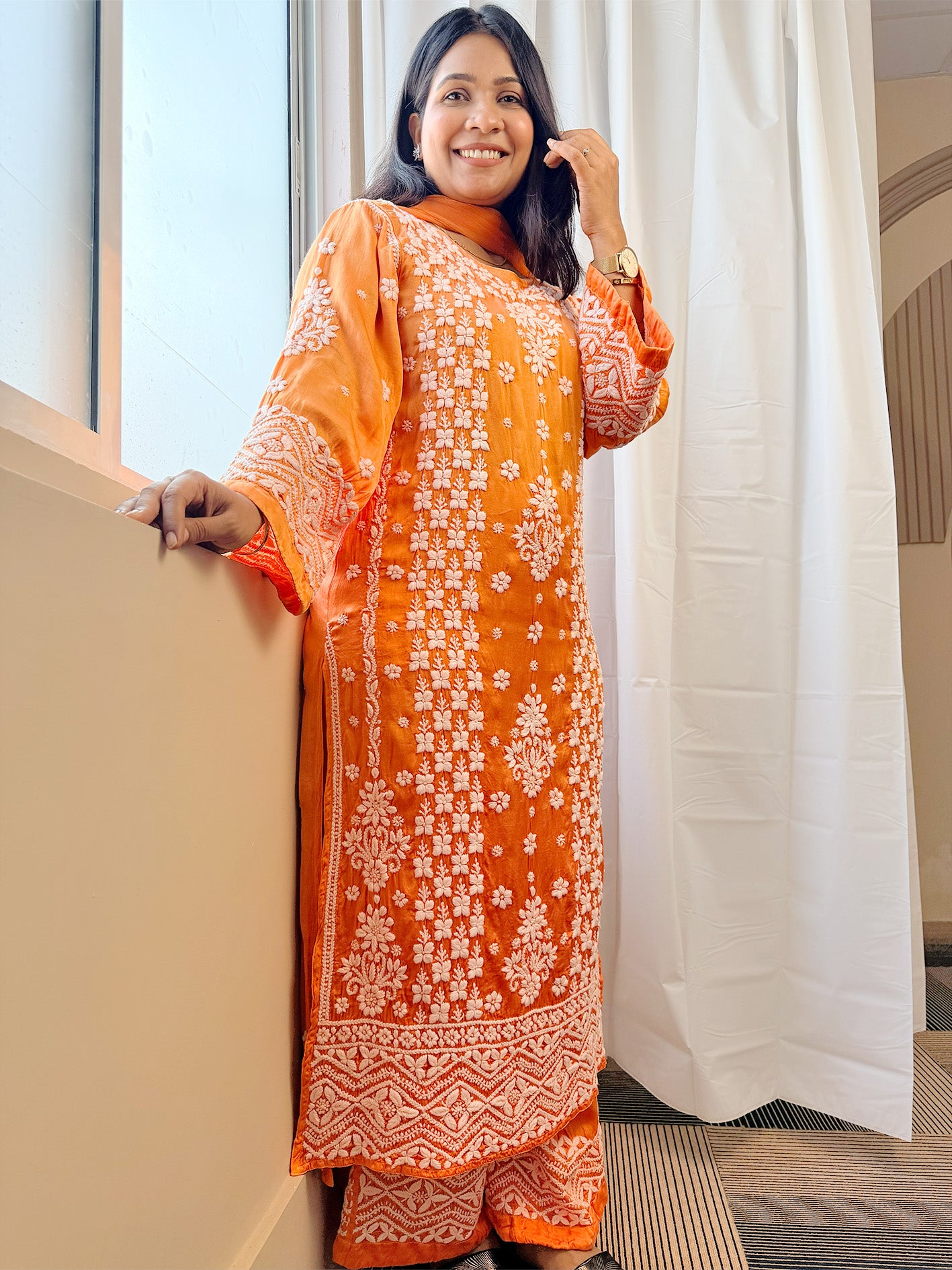 Mudal Silk Lucknowi Chikankari Kurta Set with Palazzo & Chiffon Dupatta | 3D Embroidery | Boat Neck | Coral Color