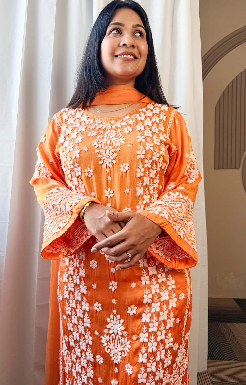 Mudal Silk Lucknowi Chikankari Kurta Set with Palazzo & Chiffon Dupatta | 3D Embroidery | Boat Neck | Coral Color