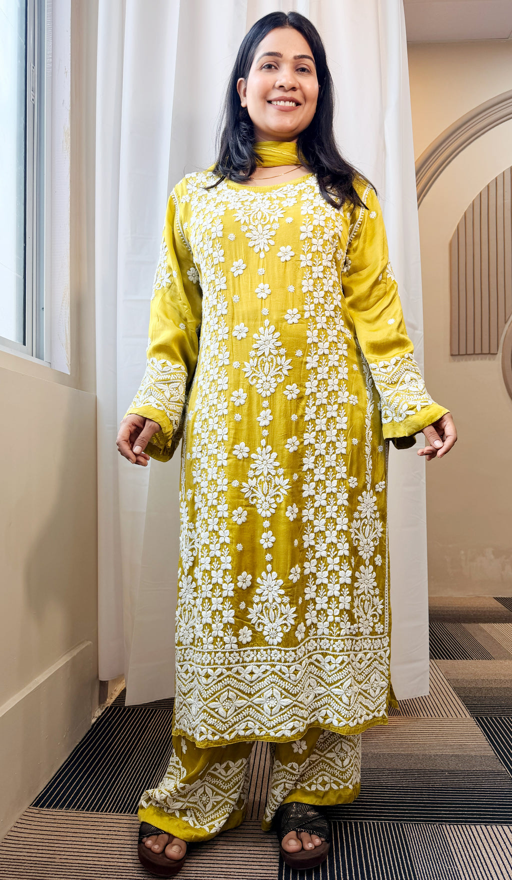 Mudal Silk Lucknowi Chikankari Kurta Set with Palazzo & Chiffon Dupatta | 3D Embroidery | Boat Neck | Mehndi Gold Color