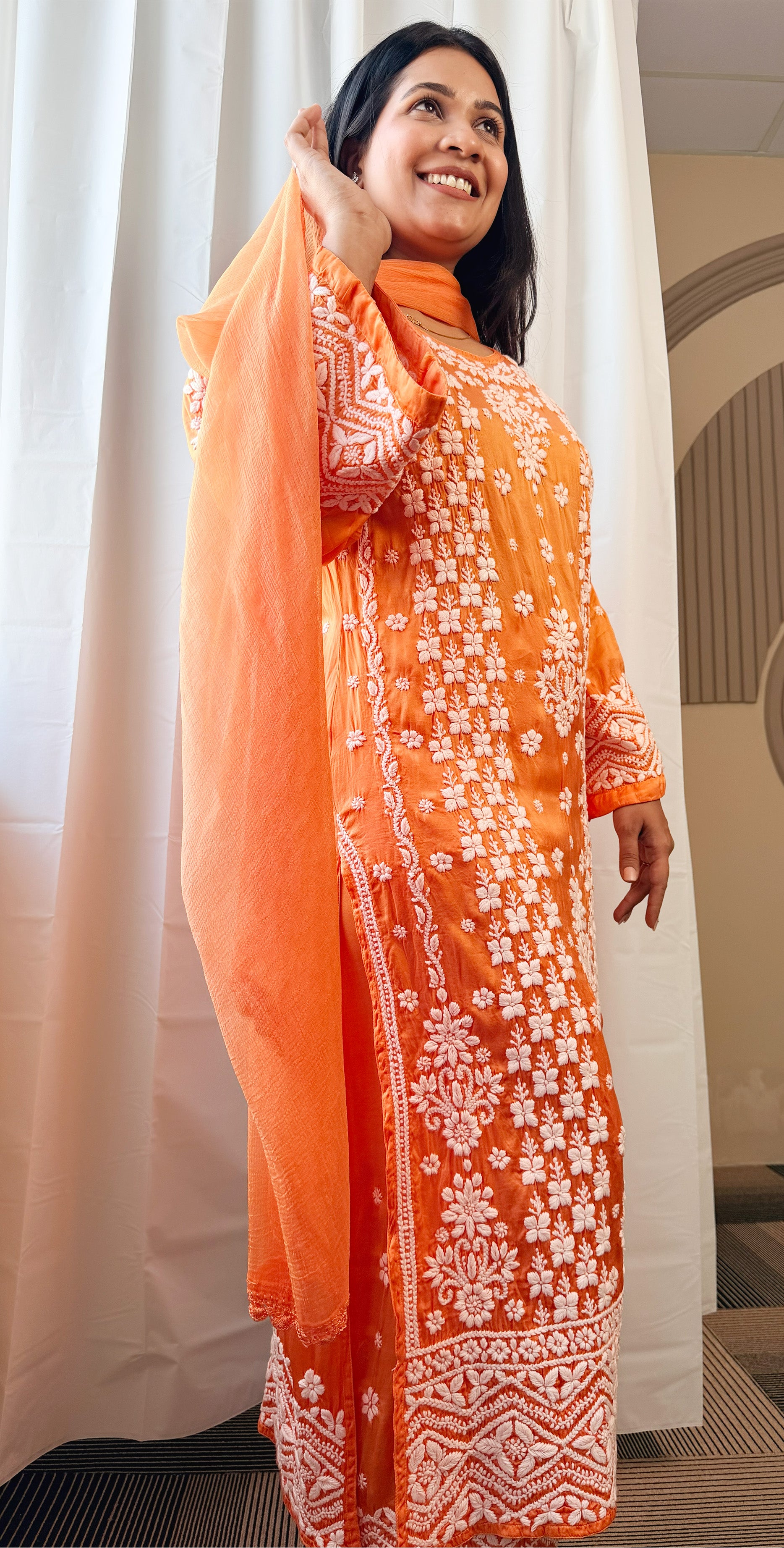Mudal Silk Lucknowi Chikankari Kurta Set with Palazzo & Chiffon Dupatta | 3D Embroidery | Boat Neck | Coral Color