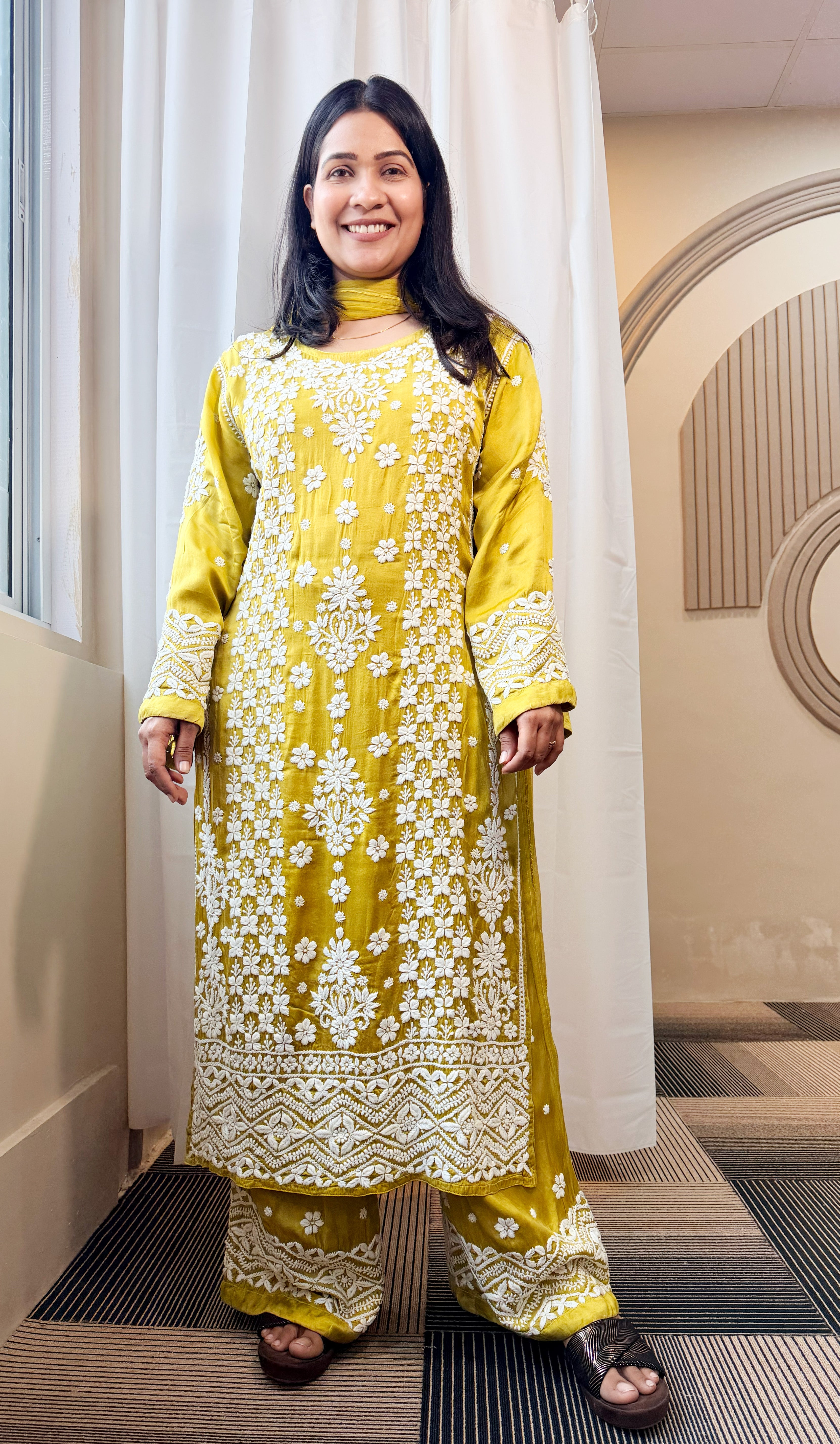 Mudal Silk Lucknowi Chikankari Kurta Set with Palazzo & Chiffon Dupatta | 3D Embroidery | Boat Neck | Mehndi Gold Color